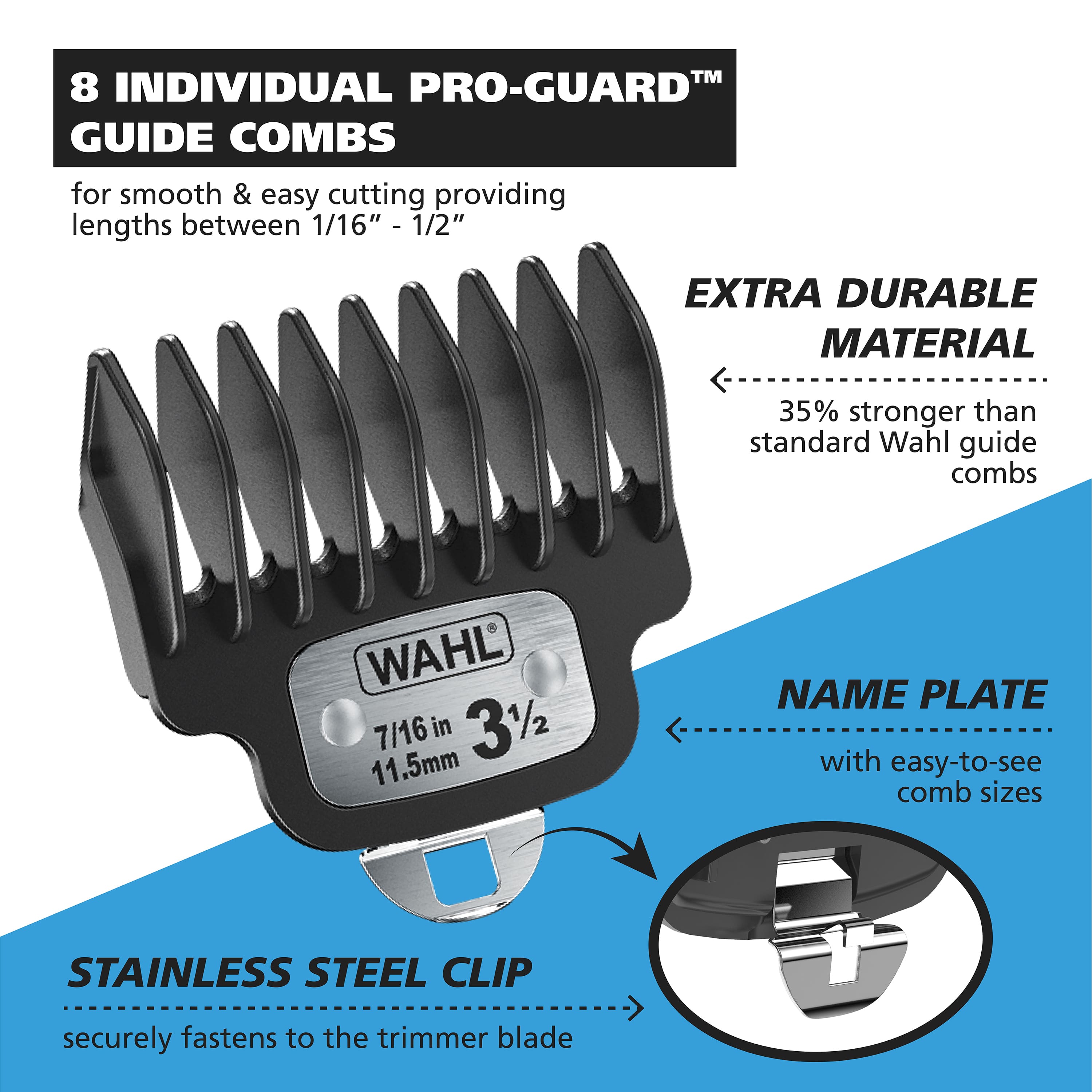 The image features a pair of Wahl Pro-Guard guide combs, which are designed for smooth and easy cutting. These combs provide lengths between 1/16" and 1/2". They are made from extra durable material, making them 35% stronger than standard Wahl guide combs. The combs come with a name plate that displays easy-to-see comb sizes. The combs are attached to a stainless steel clip, which securely fastens to the trimmer blade.