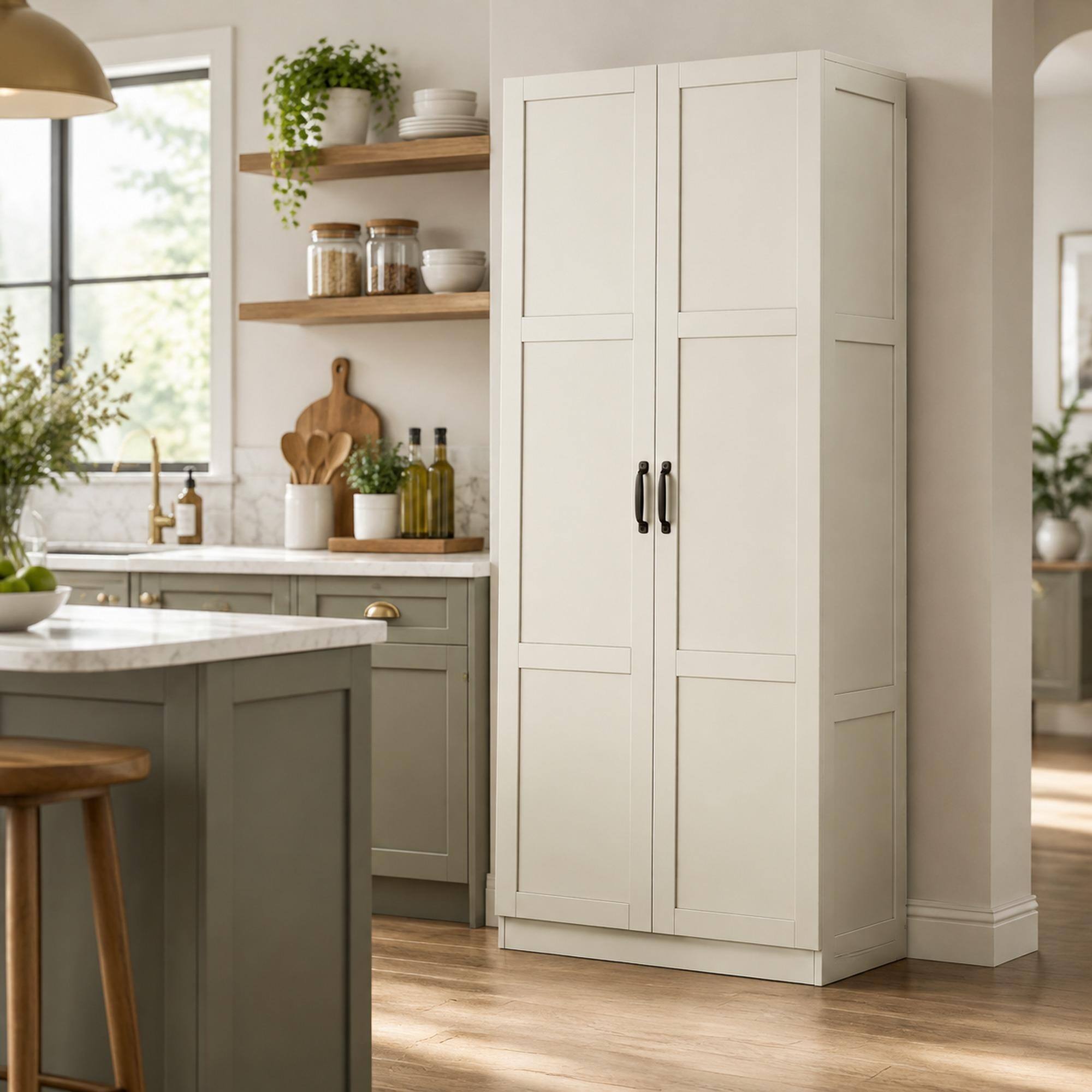 Front. RYHNUYNE - Freestanding Tall Storage Cabinet with Doors, Kitchen Pantry Cabinet for Bathroom, Home Office - White.