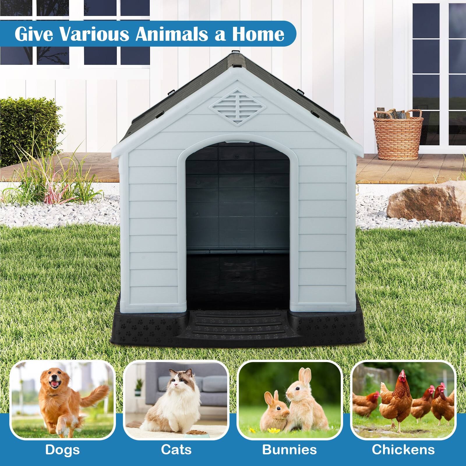 Give Various Animals a Home

Dogs  
Cats  
Bunnies  
Chickens