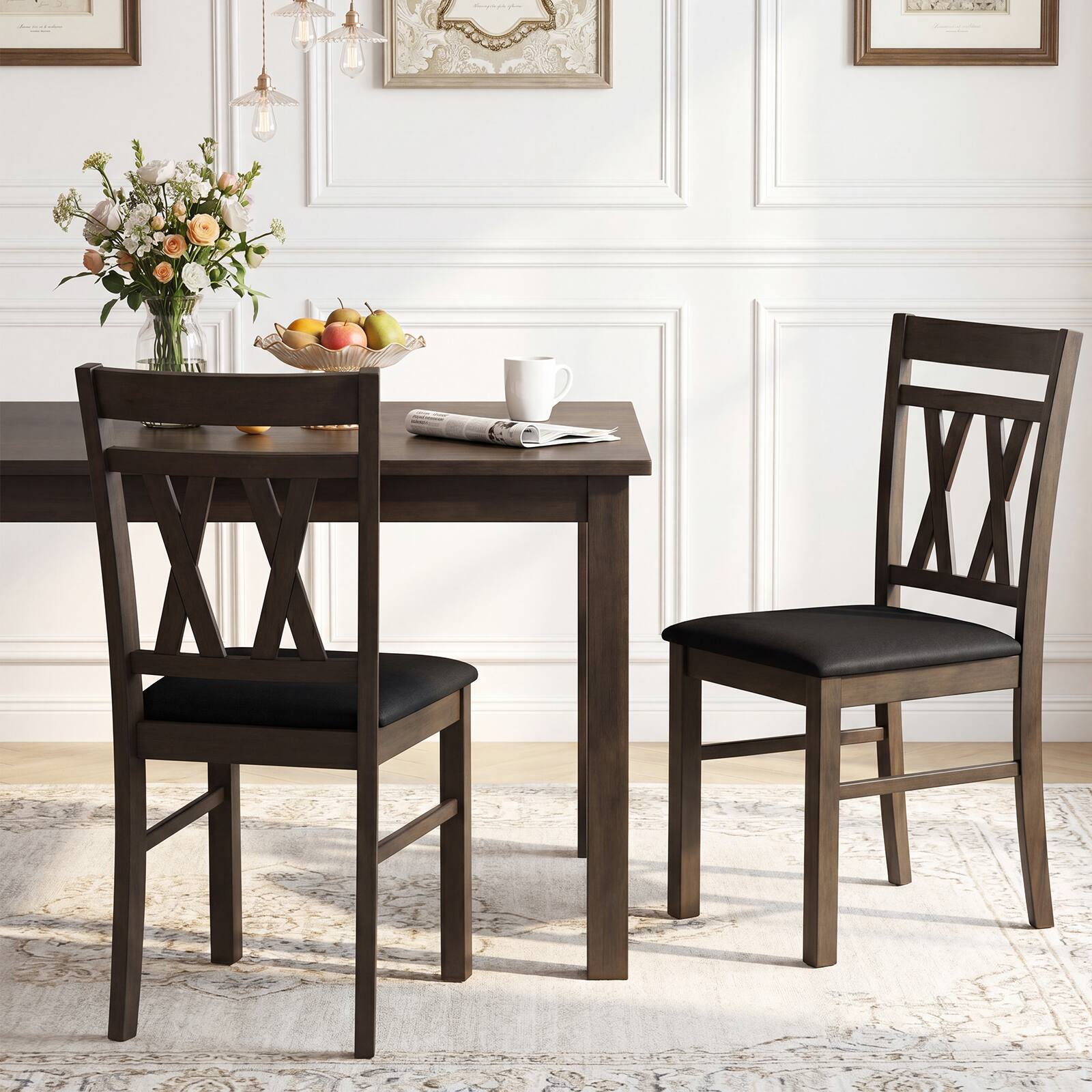 Alt View 3. Costway - Costway Dining Chairs Set of 4 with Solid Rubber Wood Frames for Dining Room, Living Room - Rustic Gray + Black.