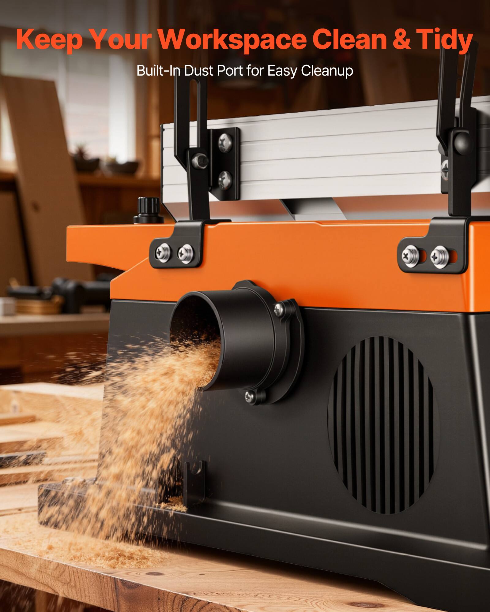 Keep Your Workspace Clean & Tidy  
Built-In Dust Port for Easy Cleanup