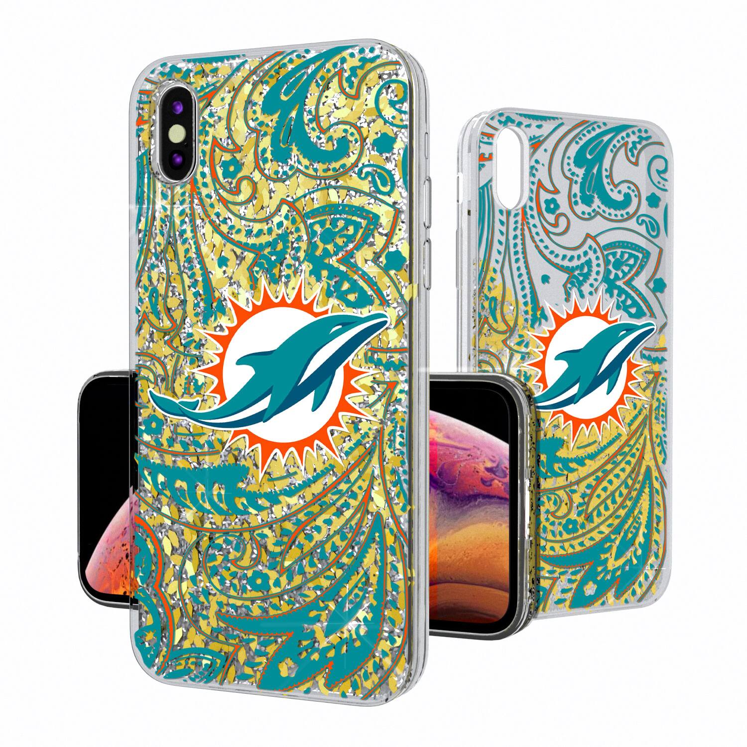 Alt View 1. Keyscaper - Miami Dolphins iPhone Paisley Design Glitter Case - 16 Pro Max - Multicolor.