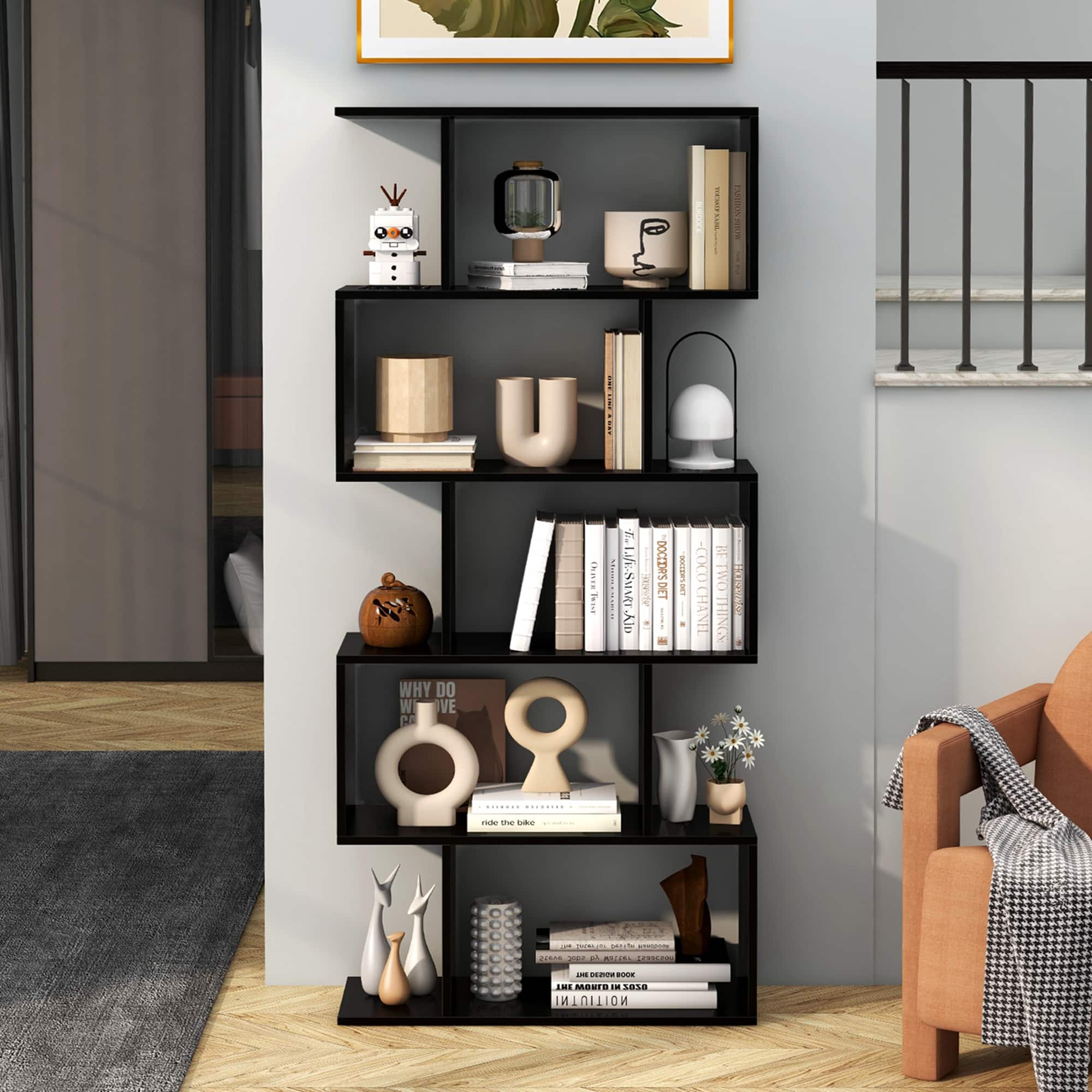 Costway - 5-Tier Bookshelf Geometric S-Shaped Bookcase Room Divider Storage Display Shelf - Black