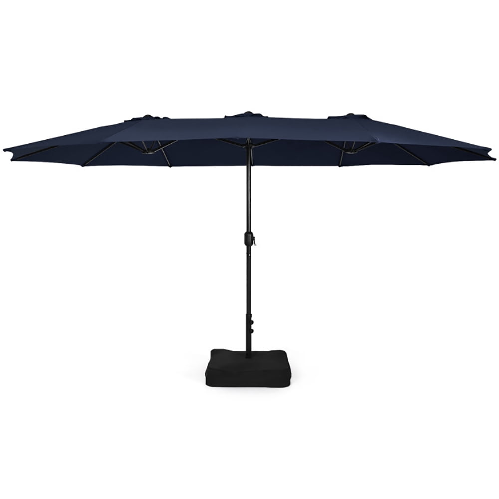 Left. Pefilos - 15 Feet Double-Sided Twin Patio Umbrella with Crank and Base-Navy, Patio Offset Umbrella with Easy Tilt Adjustment - Blue.