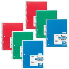 Mead - Spiral 3 Subject Notebook, Wide Ruled, 120 Sheets, Pack of 6