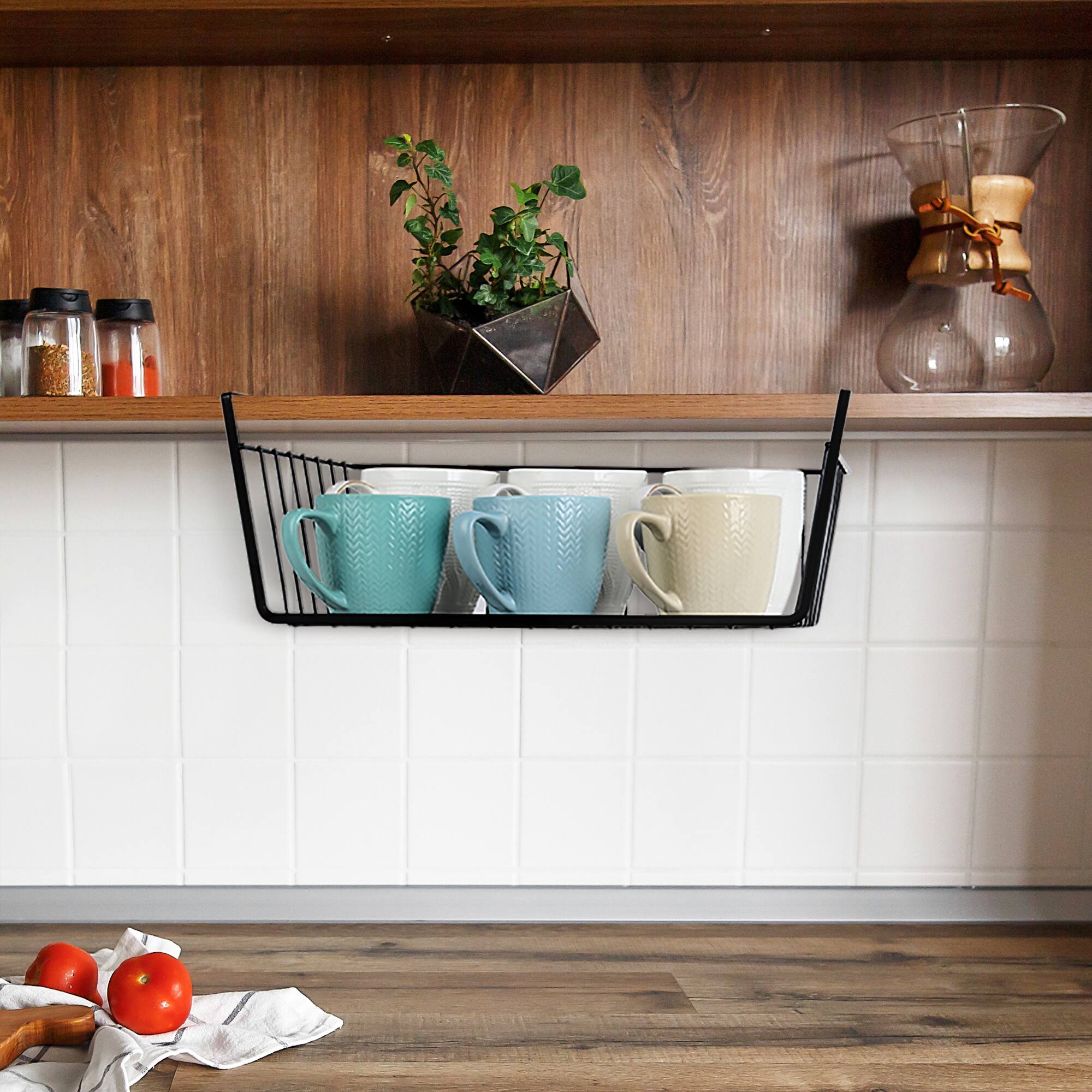 Back. Oumilen - 4-Pack Black Under Cabinet Hanging Wire Storage Baskets, Undershelf Hanging Organizer Rack.