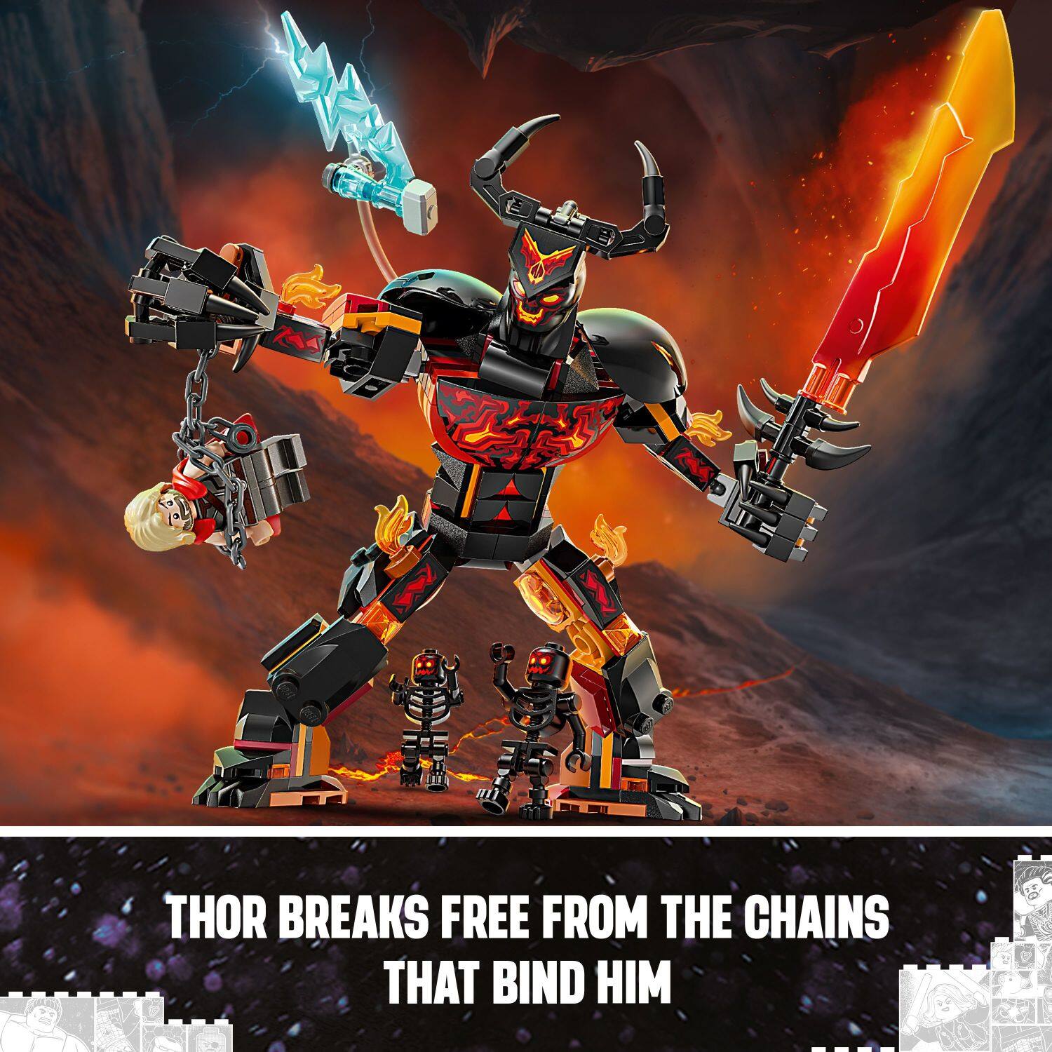 Thor breaks free from the chains that bind him.