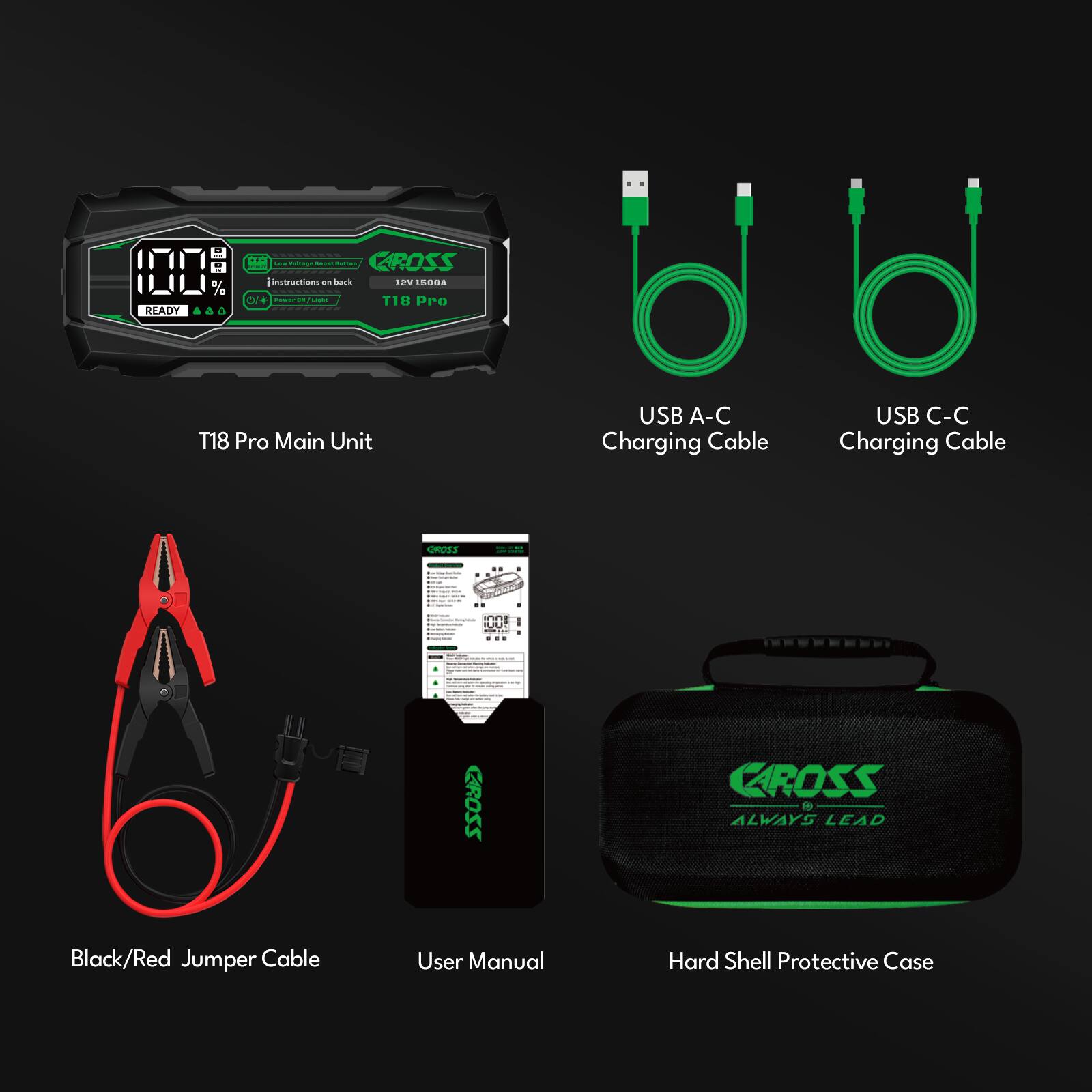 100% READY

CROSS

T18 Pro Main Unit

USB A-C Charging Cable

USB C-C Charging Cable

Black/Red Jumper Cable

User Manual

Hard Shell Protective Case