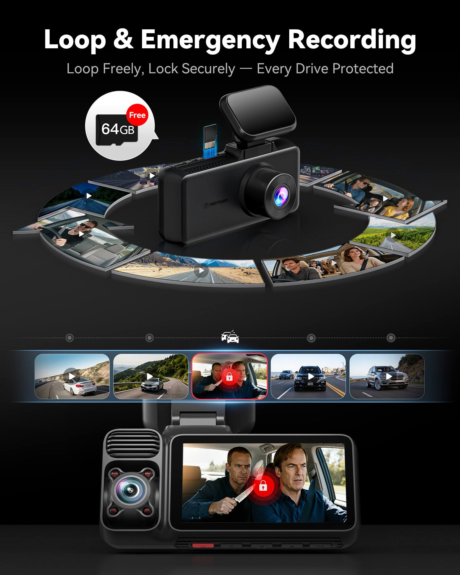 Loop & Emergency Recording  
Loop Freely, Lock Securely — Every Drive Protected  

Free 64GB