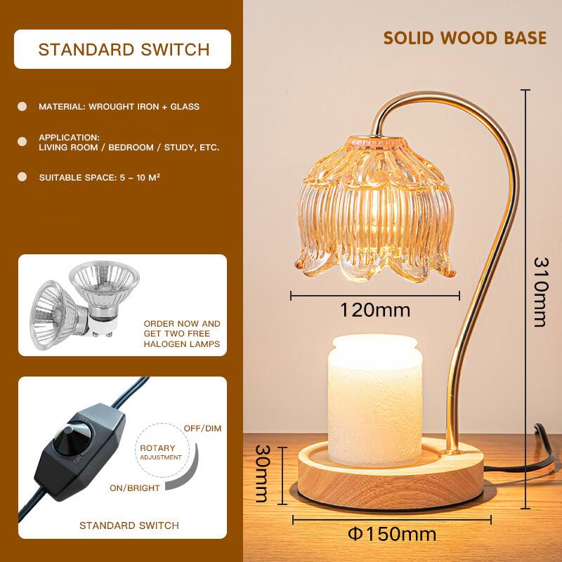 STANDARD SWITCH  
SOLID WOOD BASE  

MATERIAL: WROUGHT IRON + GLASS  
APPLICATION: LIVING ROOM / BEDROOM / STUDY, ETC.  
SUITABLE SPACE: 5 - 10 M²  

ORDER NOW AND GET TWO FREE HALOGEN LAMPS  

120mm  
310mm  
30mm  
Φ150mm  

OFF/DIM  
ROTARY ADJUSTMENT  
ON/BRIGHT