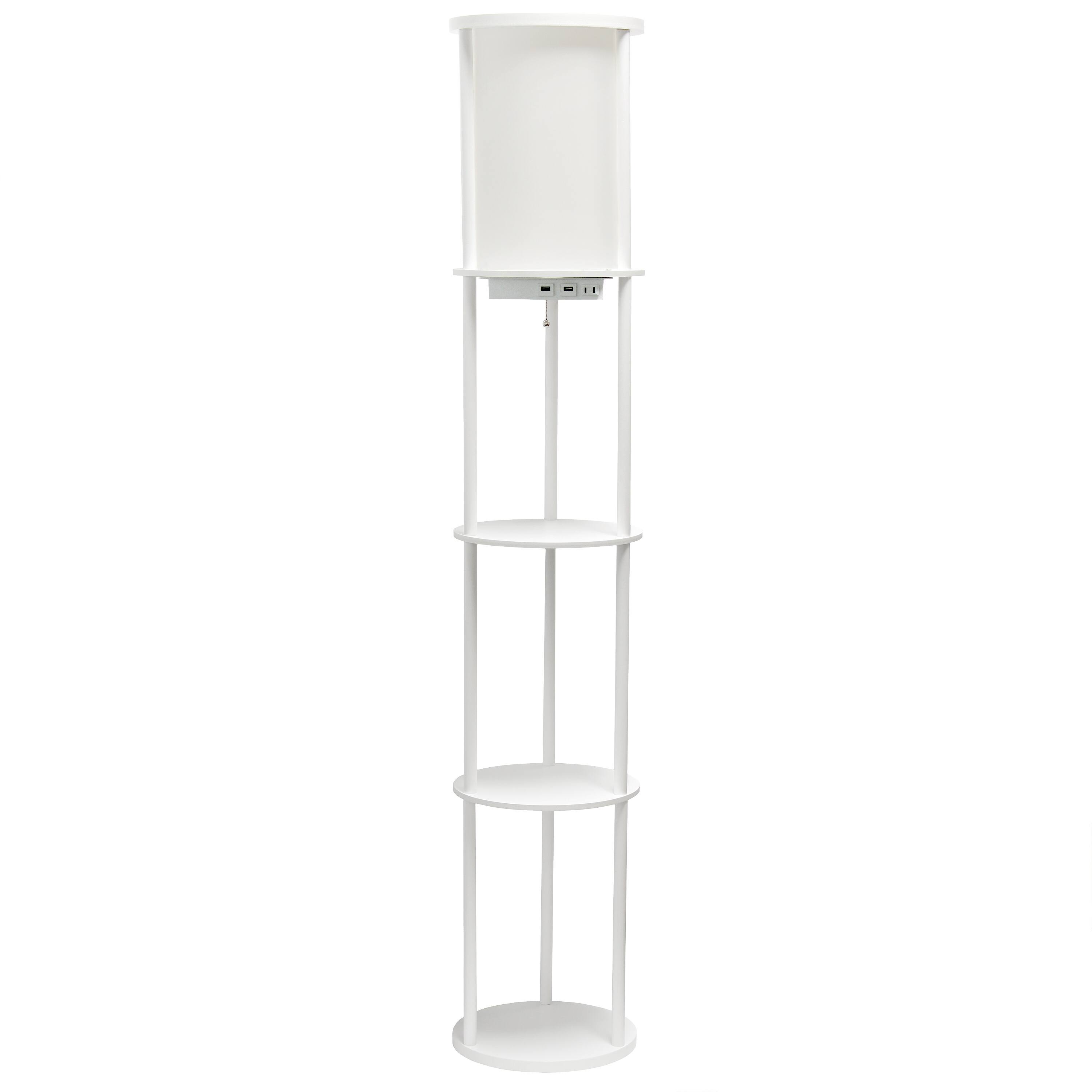 Front. Simple Designs - Round Etagere Storage Floor Lamp with 2 USB, 1 Outlet - White.