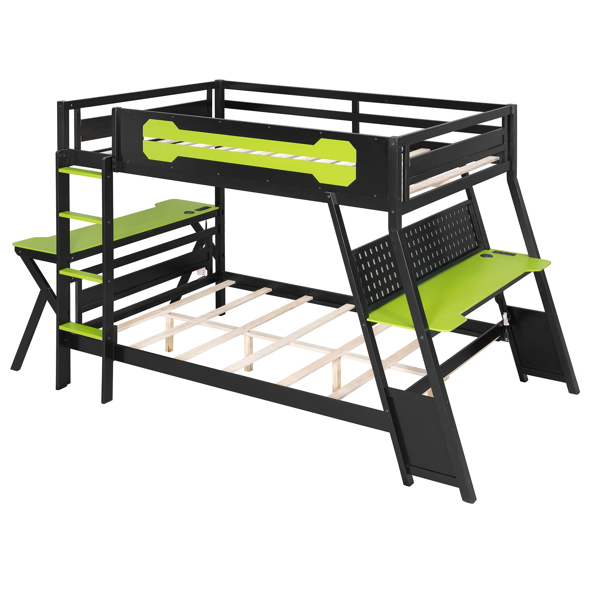 Alt View 4. Anysun - Full Size Bunk Bed with Two Built-In Gaming Desks, USB Desktop Ports & Pegboard Organizer, Gaming Bunk Frame for Gamer - Green.