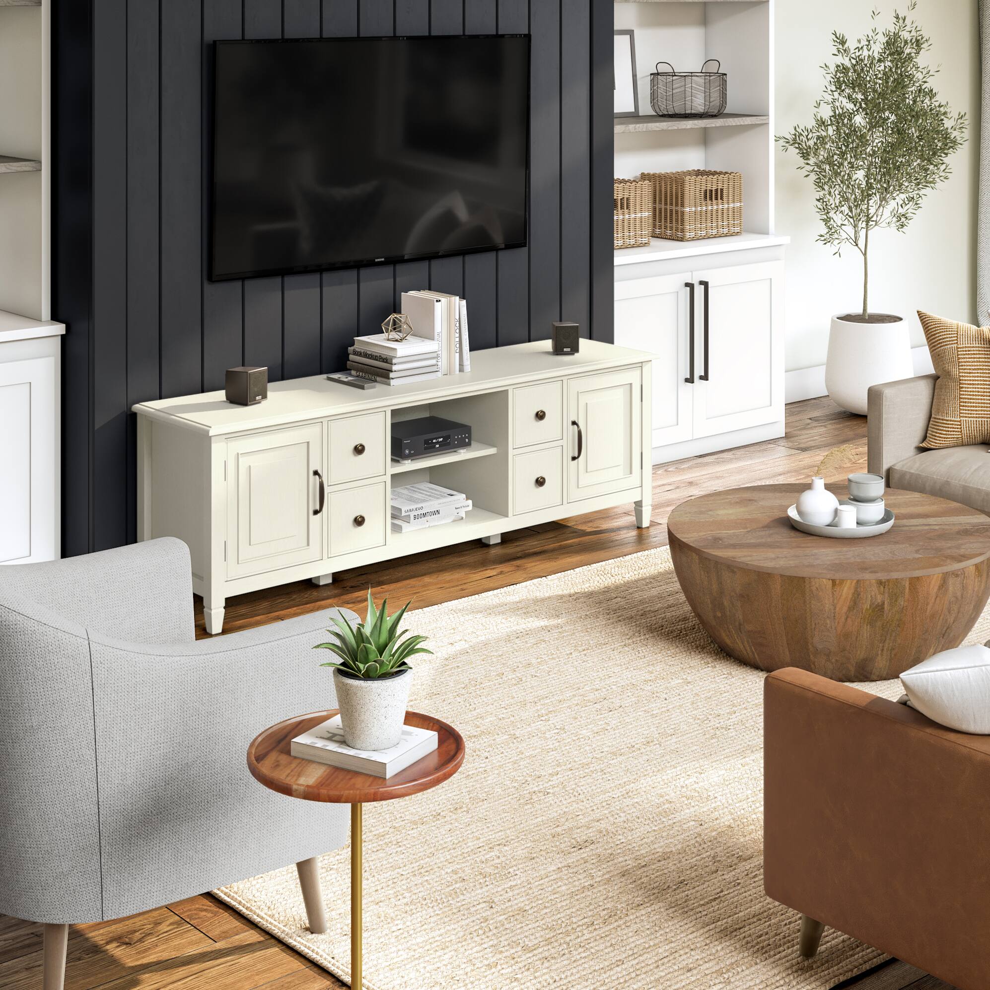 Alt View 1. Simpli Home - Connaught 72 inch Wide TV Stand - Antique White.