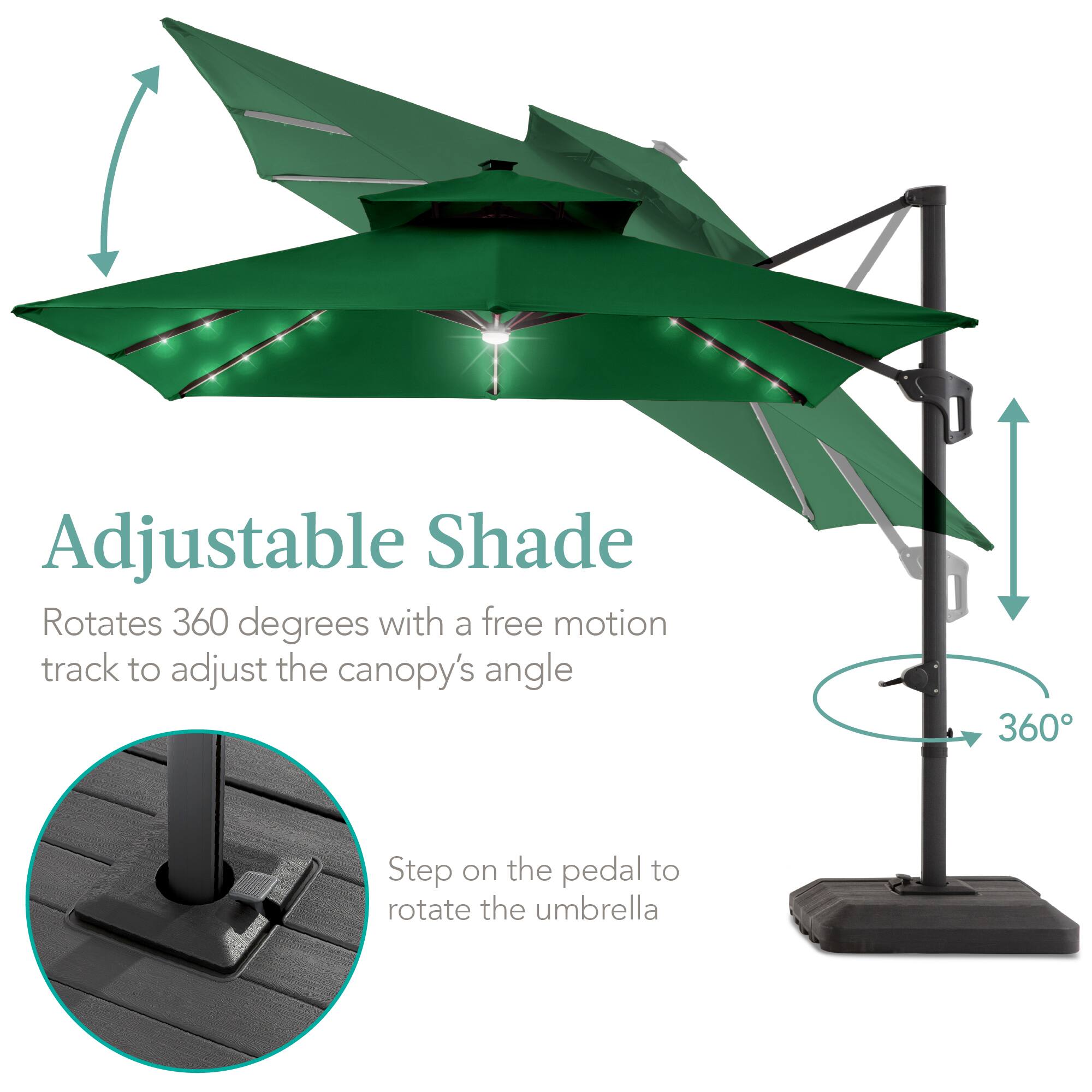 Adjustable Shade  
Rotates 360 degrees with a free motion track to adjust the canopy's angle  

Step on the pedal to rotate the umbrella