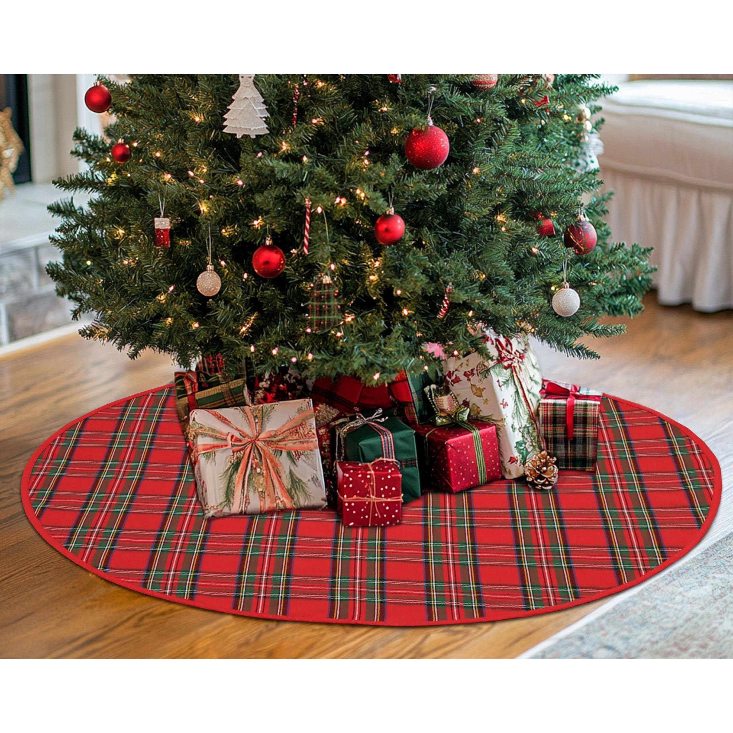 Front. Paradigms Interiors - Christmas Tree Skirt - Tartan Plaid Traditional Xmas Rustic Modern Decorative Stewart Classic Mat Round - Red Green Tartan Plaid.