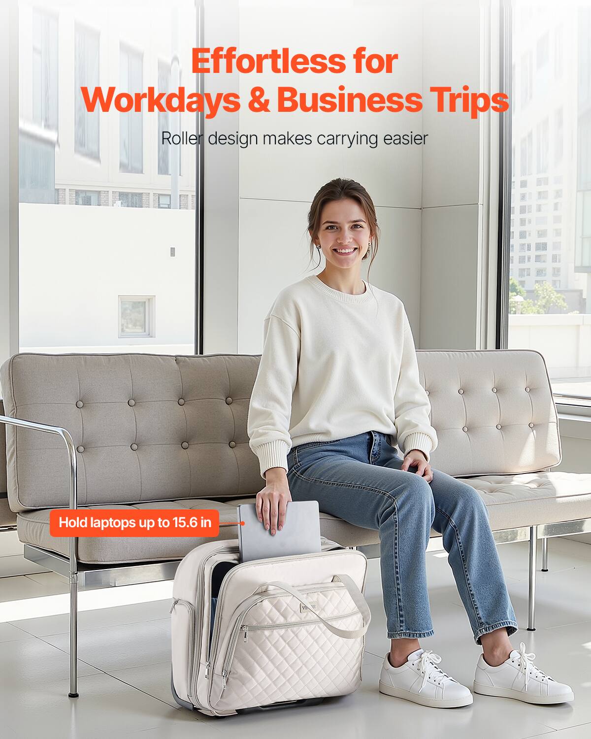 Effortless for Workdays & Business Trips  
Roller design makes carrying easier  

Hold laptops up to 15.6 in
