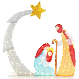 Costway - 5 FT Lighted Christmas Nativity Scene Outdoor Christmas Holy Family Decoration - White