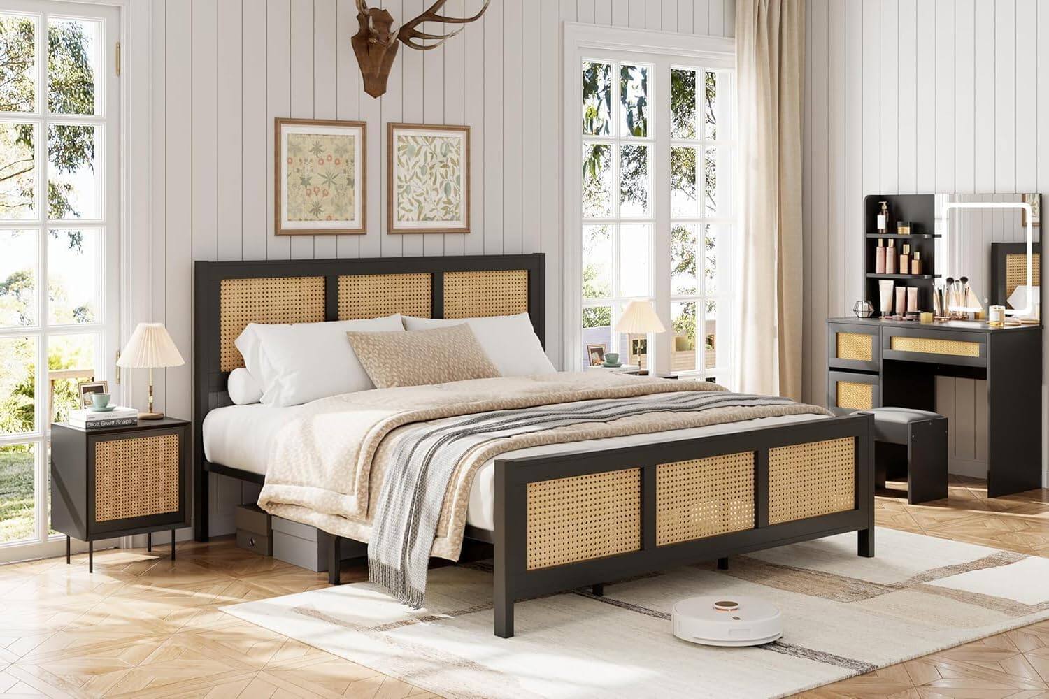 Back. GARVEE - Bed Frame with Rattan Headboard, Bohemian Style Platform, Metal Slats Support, Quiet Construction - Black.