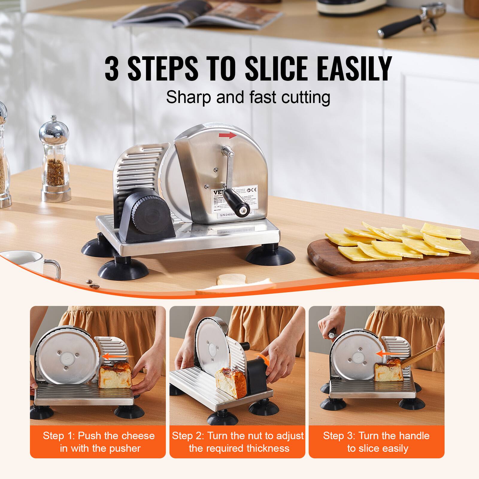 3 STEPS TO SLICE EASILY  
Sharp and fast cutting  

Step 1: Push the cheese in with the pusher  
Step 2: Turn the nut to adjust the required thickness  
Step 3: Turn the handle to slice easily
