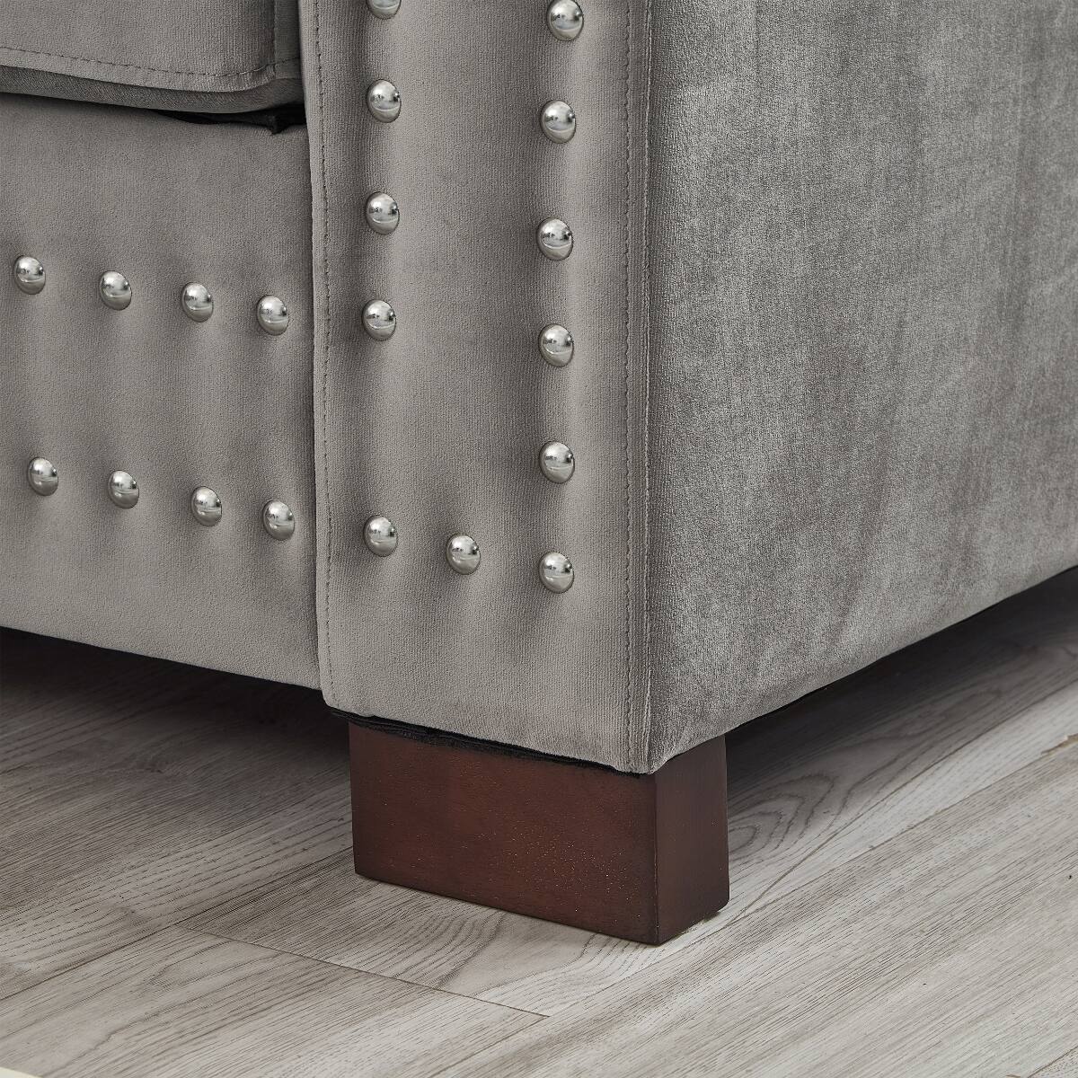 Back. Ropilly - Ropilly Grey Velvet Sofa with Square Arms, 3 Seat Living Room Sofa with Silver Nailhead Trim and Storage - Grey.