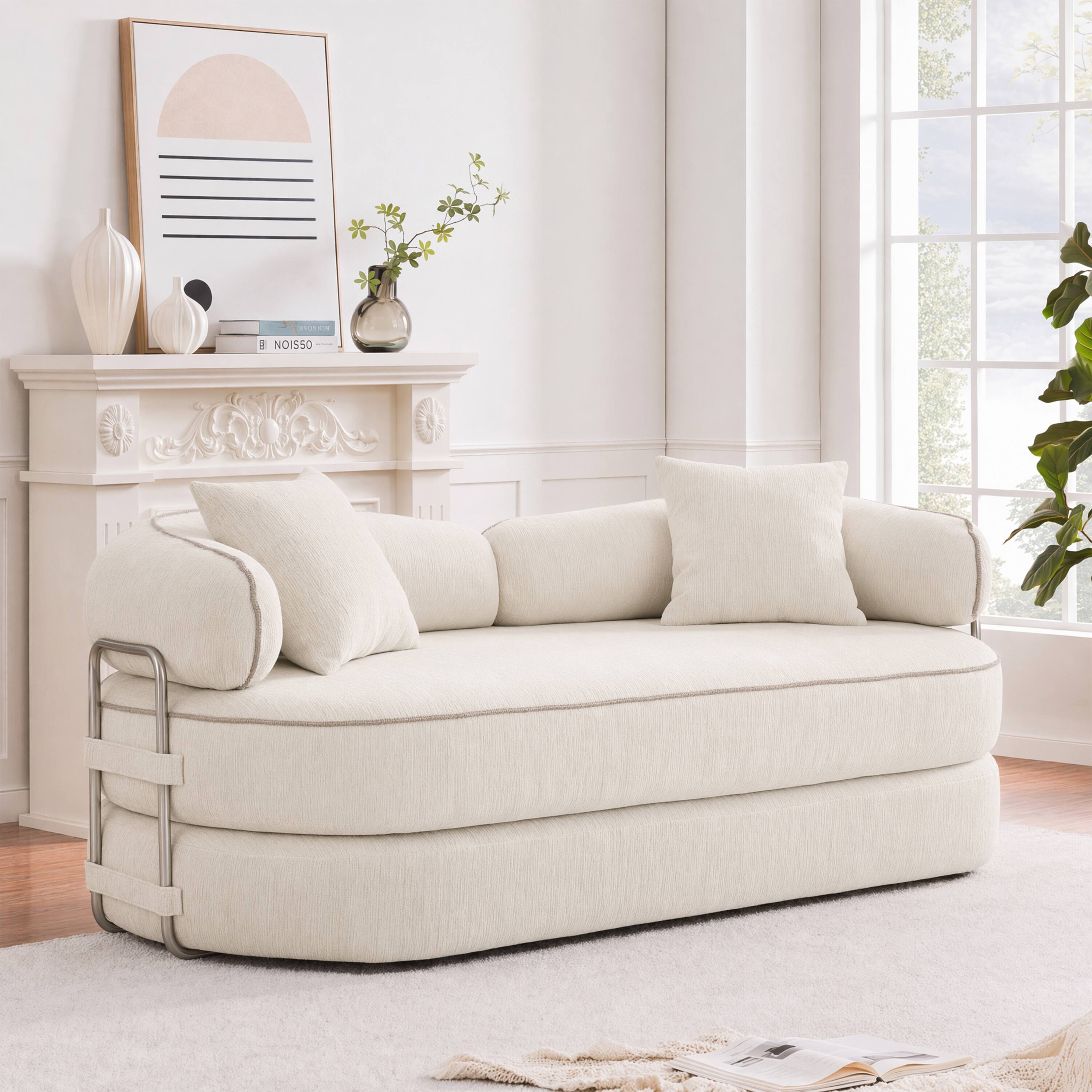 Alt View 7. Vipbear - Curved Loveseat with 4 Pillows, Modern Boneless Couch, Convertible Sleeper Sofa Bed - off-white.