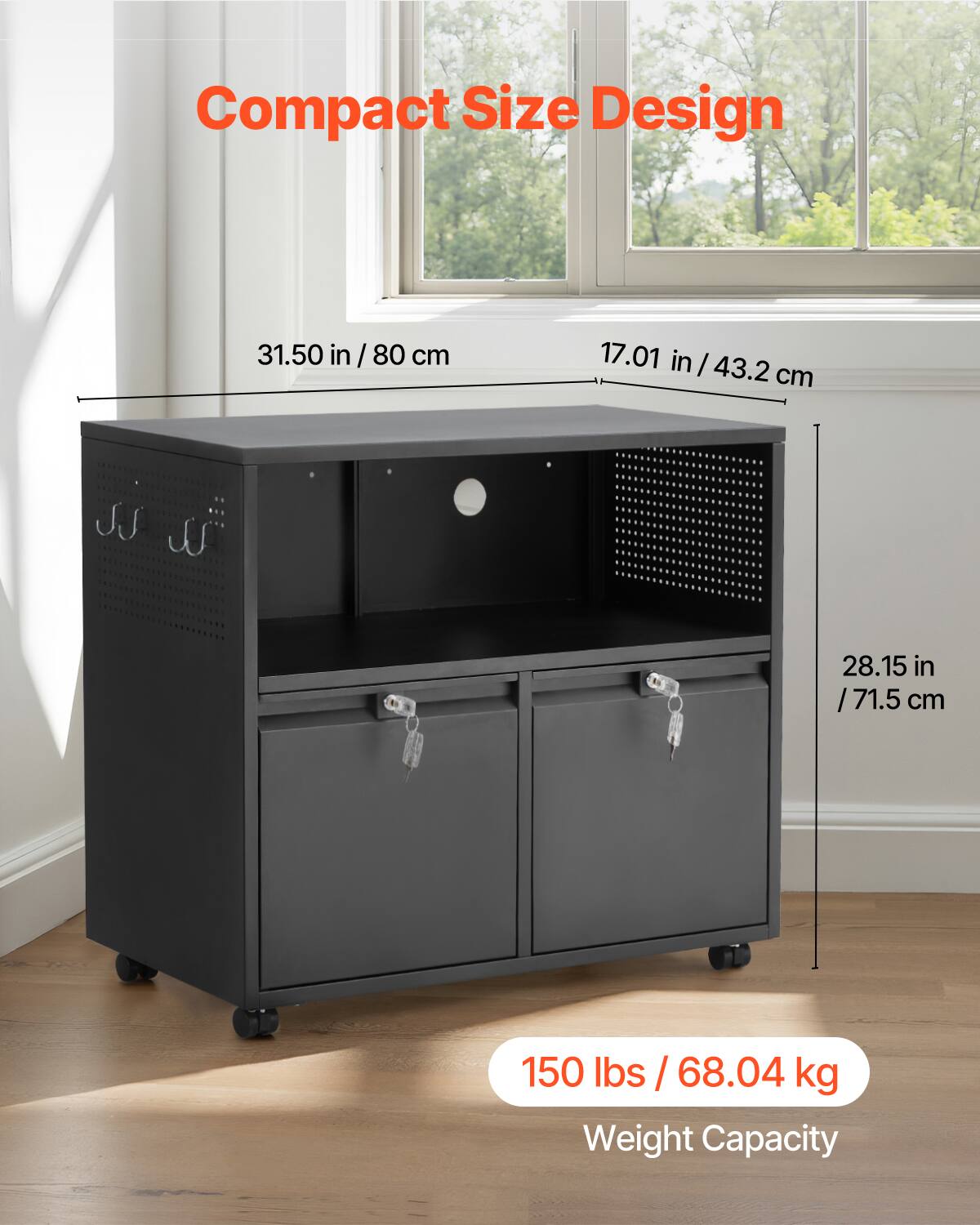 Compact Size Design

- Width: 31.50 in / 80 cm
- Depth: 17.01 in / 43.2 cm
- Height: 28.15 in / 71.5 cm

Weight Capacity: 150 lbs / 68.04 kg