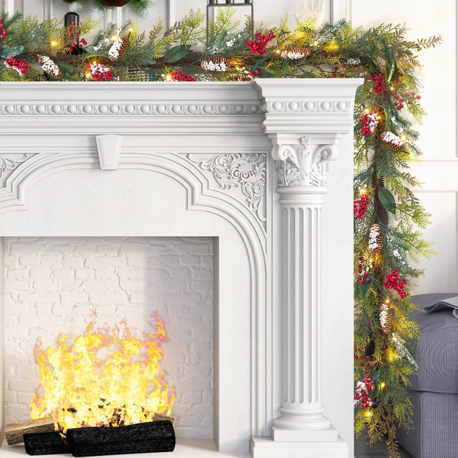 Back. Acekool - 6 Ft Prelit Christmas Garlands Light Up Artificial Garland with 20 Led Lights for Mantle Staircase - Red and Green.