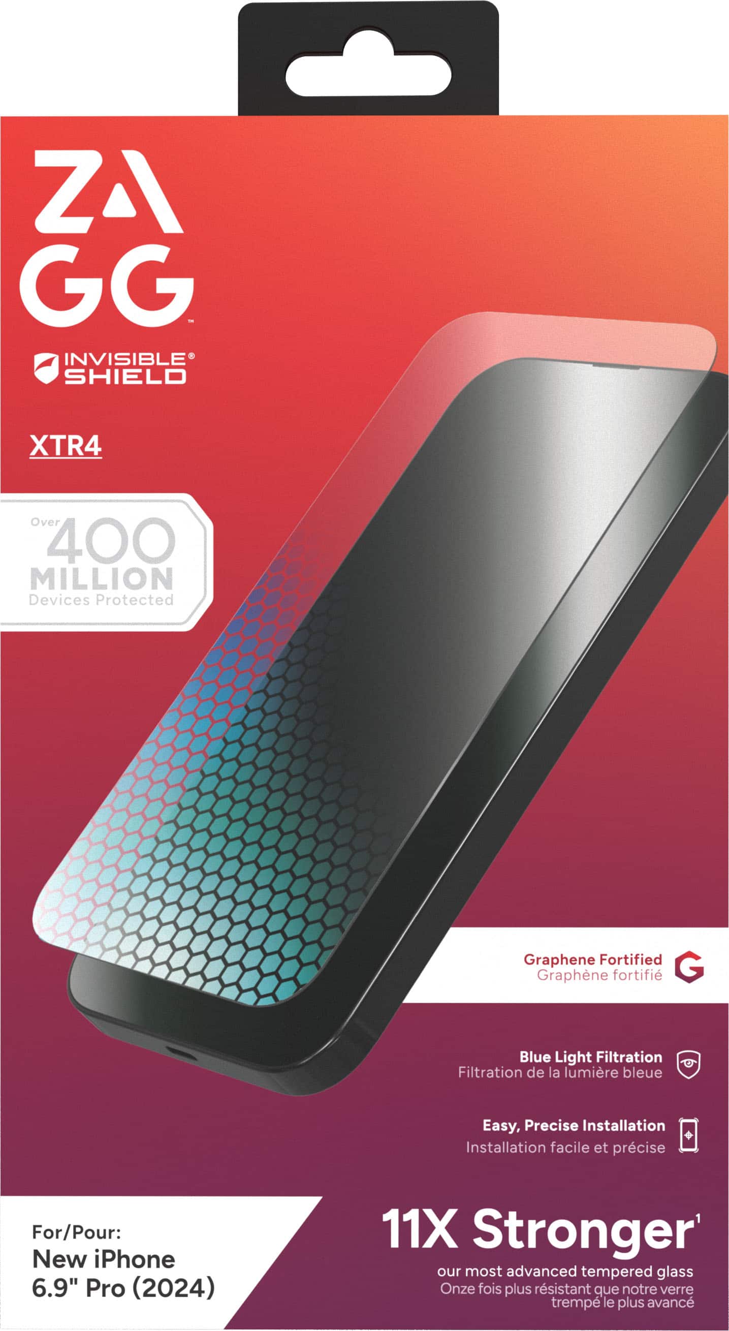 ZAGG - INVISIBLE SHIELD XTR4: Over 400 Million Devices Protected. Graphene Fortified. Blue Light Filtration. Easy, Precise Installation. For/Pour: New iPhone 6.9" Pro (2024) 11X Stronger. Our most advanced tempered glass. Eleven times stronger than our most advanced tempered glass.