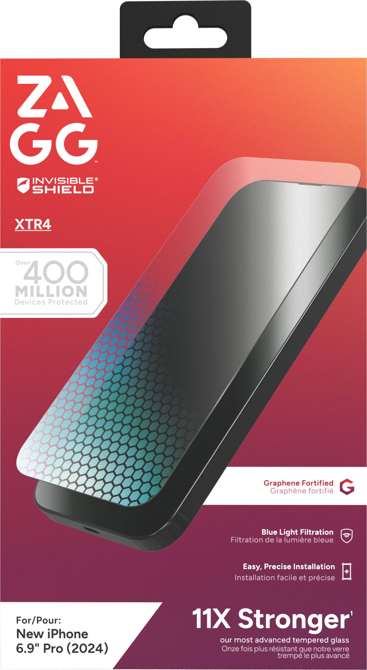 ZAGG - INVISIBLE SHIELD XTR4: Over 400 Million Devices Protected. Graphene Fortified. Blue Light Filtration. Easy, Precise Installation. For/Pour: New iPhone 6.9" Pro (2024) 11X Stronger. Our most advanced tempered glass. Eleven times stronger than our most advanced tempered glass.