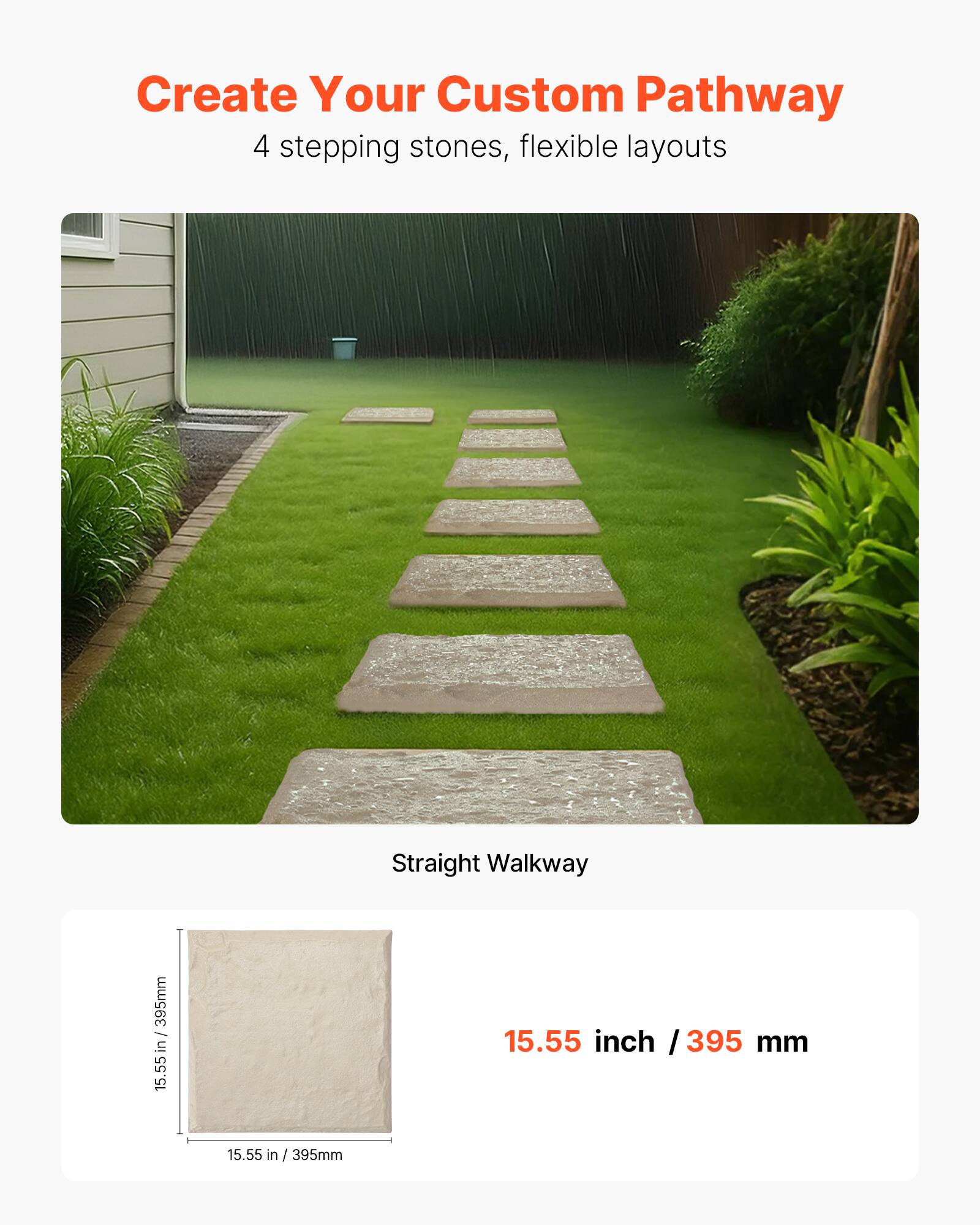 Create Your Custom Pathway, 4 stepping stones, flexible layouts, Straight Walkway, 15.55 inch / 395 mm, 15.55 in / 395mm