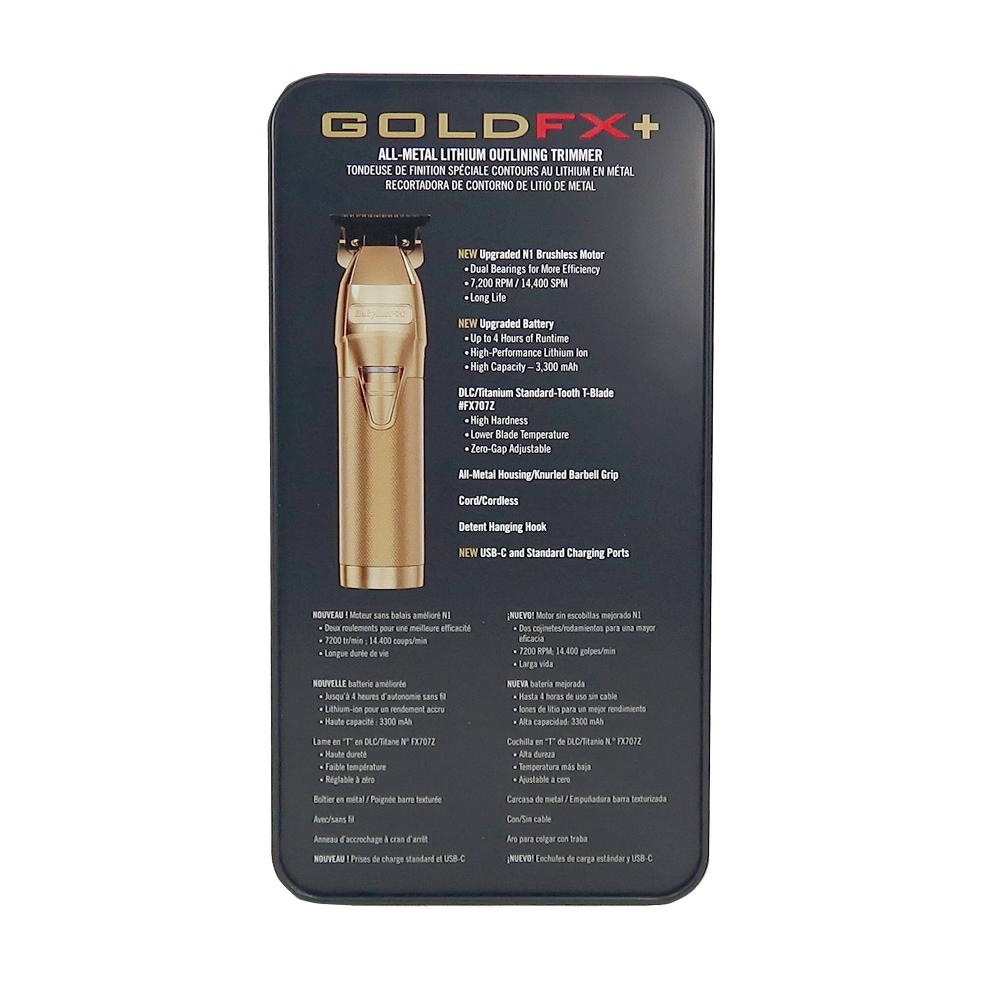 **GOLDFX+ ALL-METAL LITHIUM OUTLINING TRIMMER**

**TONDEUSE DE FINITION SPÉCIALE CONTOURS AU LITHIUM EN MÉTAL**

**RECORRIDORA DE CONTORNO DE LITIO DE METAL**

**NEW Upgraded NI Brushless Motor Dual Bearings for More Efficiency**
- 200 RPM / 14,400 SPM
- Long Life

**NEW Upgraded Battery Up to Hours of Runtime**
- High-Performance Lithium Ion High Capacity 3,300 mAh

**DLC/Titanium Standard Tooth T-Blade**
- High Hardness
- Lower Blade Temperature
- Zero-Gap Adjustable
- All-Metal Housing/Knurled Barbell Grip
- Cord/Cordless Detent Hanging Hook

**NEW USB-C and Standard Charging Ports**

**NOUVEAU Moteur sans balais NI amélioré**
- Double roulement / pour une efficacité accrue
- 200 RPM / 14,400 SPM
- Longue durée de vie

**NOUVELLE batterie améliorée**
