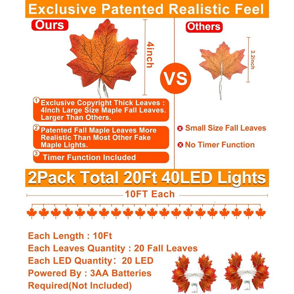 Exclusive Patented Realistic Feel

**Ours**  
- Exclusive Copyright Thick Leaves: 4inch Large Size Maple Fall Leaves. Larger Than Others.  
- Patented Fall Maple Leaves More Realistic Than Most Other Fake Maple Lights.  
- Timer Function Included  

**Others**  
- Small Size Fall Leaves  
- No Timer Function  

2Pack Total 20Ft 40LED Lights  
10FT Each  

Each Length: 10Ft  
Each Leaves Quantity: 20 Fall Leaves  
Each LED Quantity: 20 LED  
Powered By: 3AA Batteries Required (Not Included)