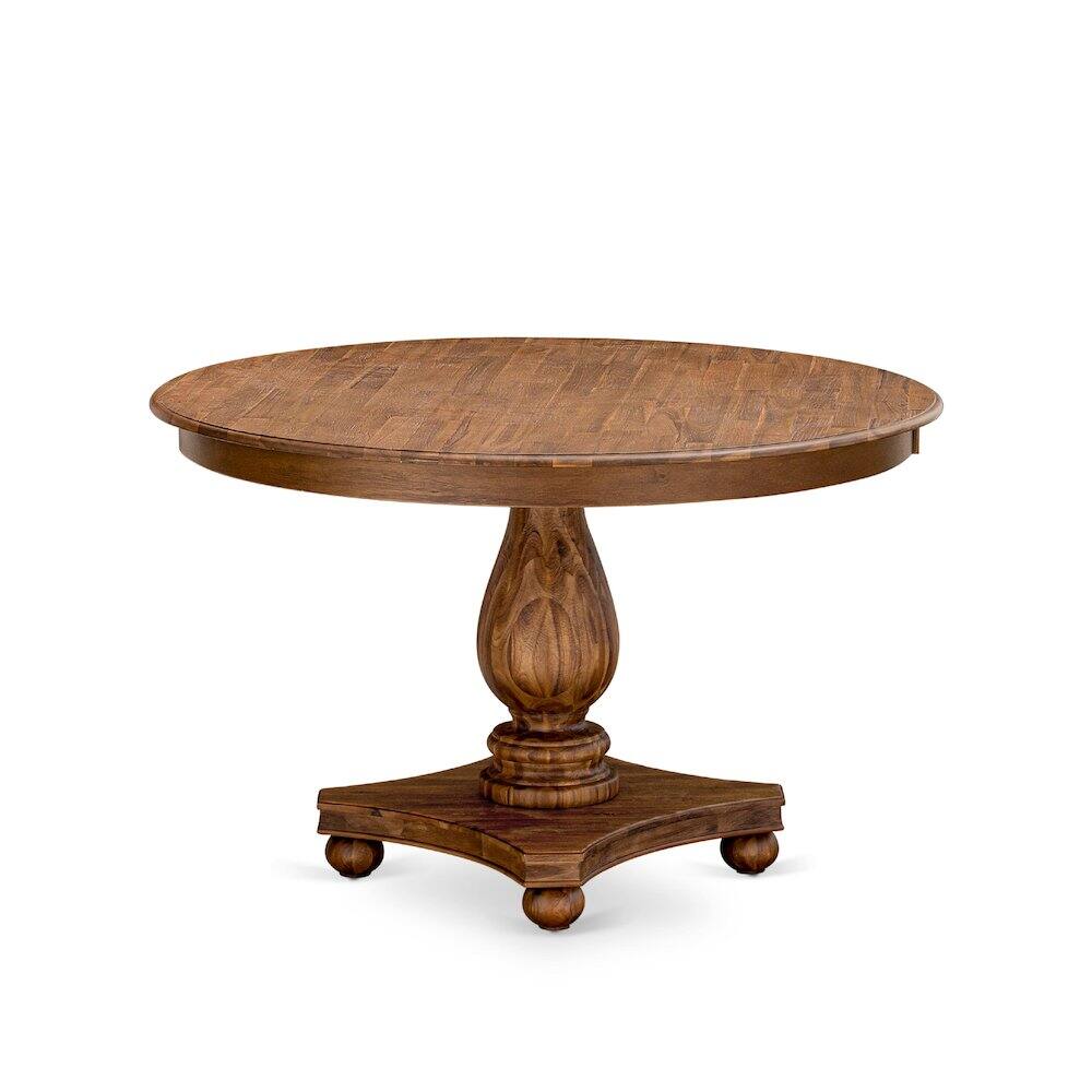 Angle. East West Furniture - FE2-0N-TP FERRIS Round Dining Table with Pedestal, Rustic Rubberwood Table in Sandblasting Antique Walnut Finish - Sandblasting Antique Walnut.