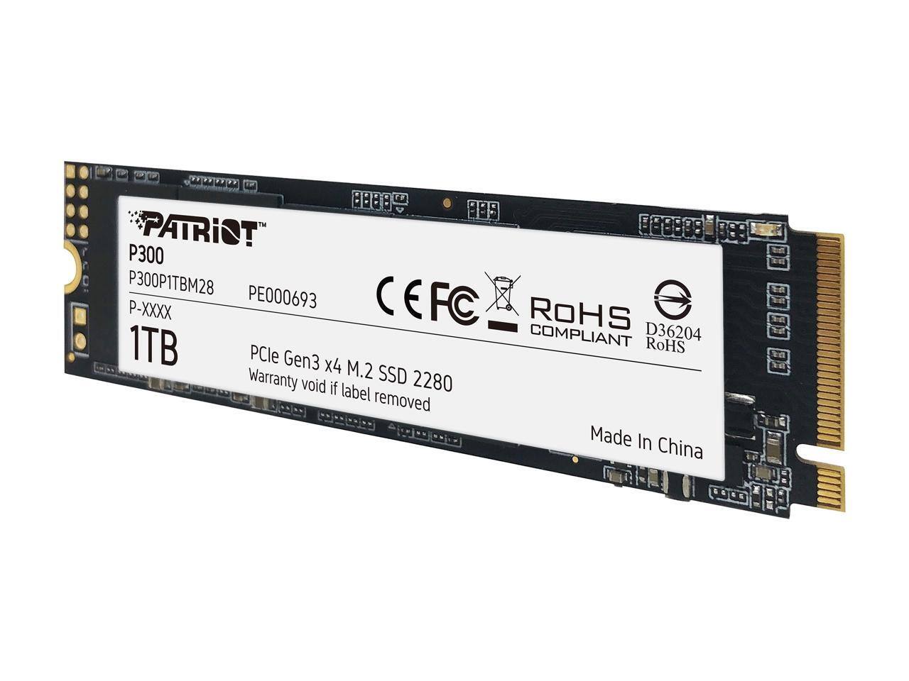 iWR 8888 889 PATRIOT P300 P300P1TBM28 PE000693 EFC P-XXXX ROHS COMPLIANT D36204 1TB RoHS PCle Gen3 x4 M.2 SSD Warranty void if label removed Made In China