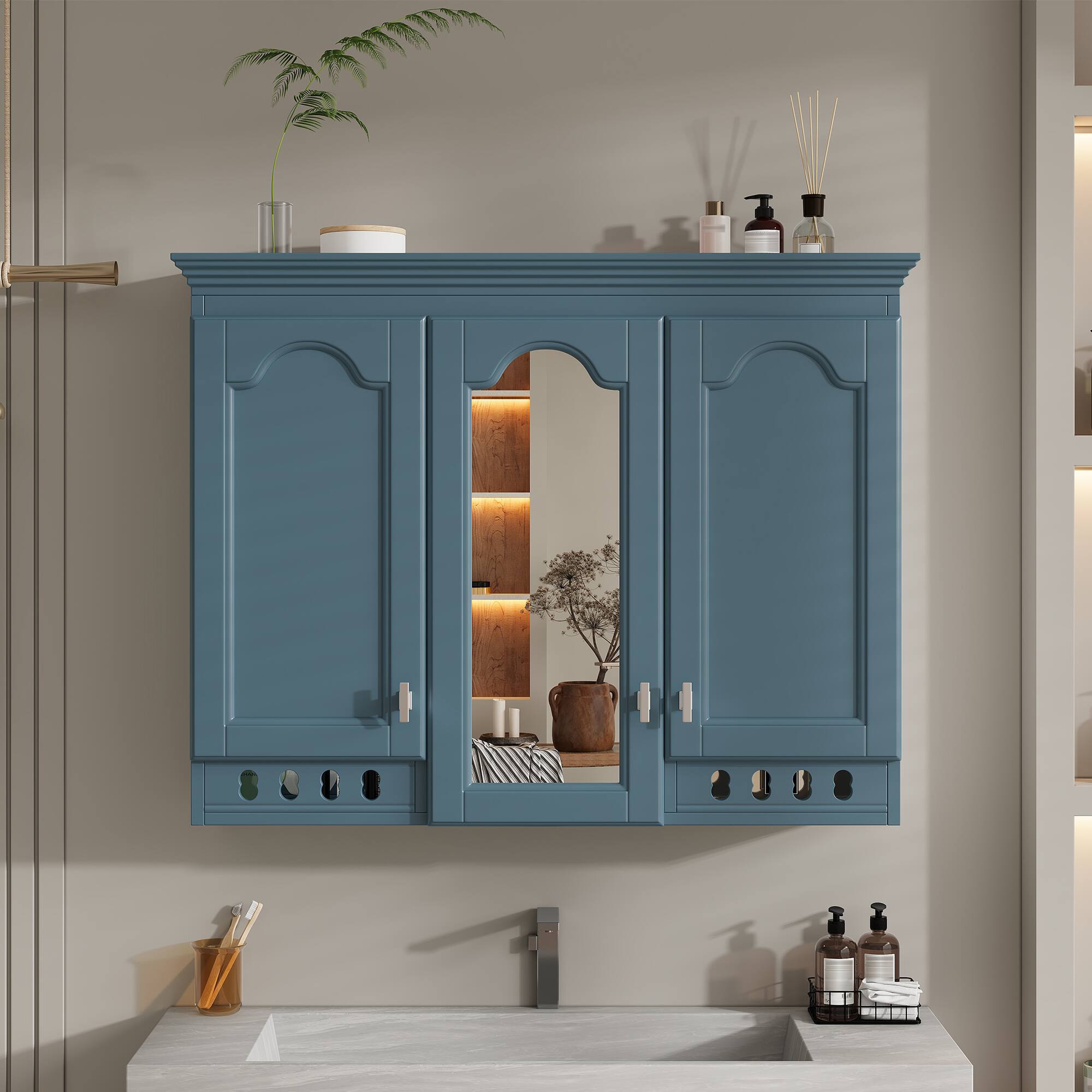 Angle. Whisen - 35-In Wall-Mount Medicine Cabinet Mirror with Adjustable Shelves for Bathroom Vanity & Bedroom - Blue.