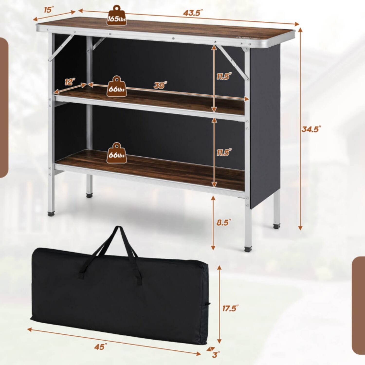 15" x 43.5" x 34.5"  
165 lbs capacity  
12" x 38" x 11.5"  
66 lbs capacity  
11.5" x 34.5" x 8.5"  
66 lbs capacity  
45" x 17.5" x 3"