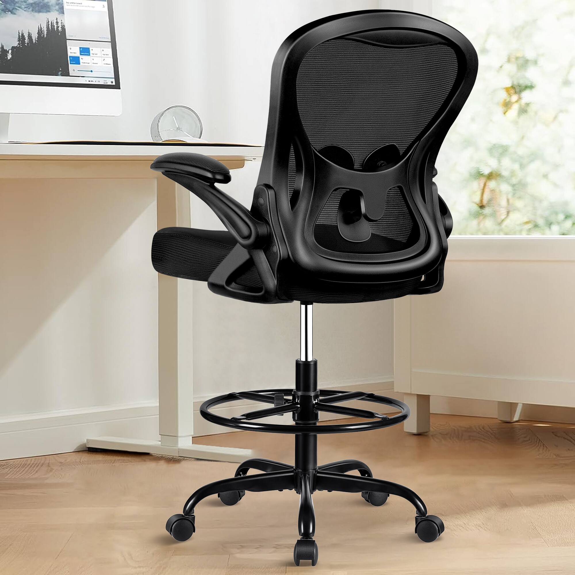 Alt View 6. Brick Attic - Drafting Chair, Tall Office Chair Ergonomic Desk Chair, Task Rolling Chair with Adjustable Flip-up Armrests Foot Ring - Black.
