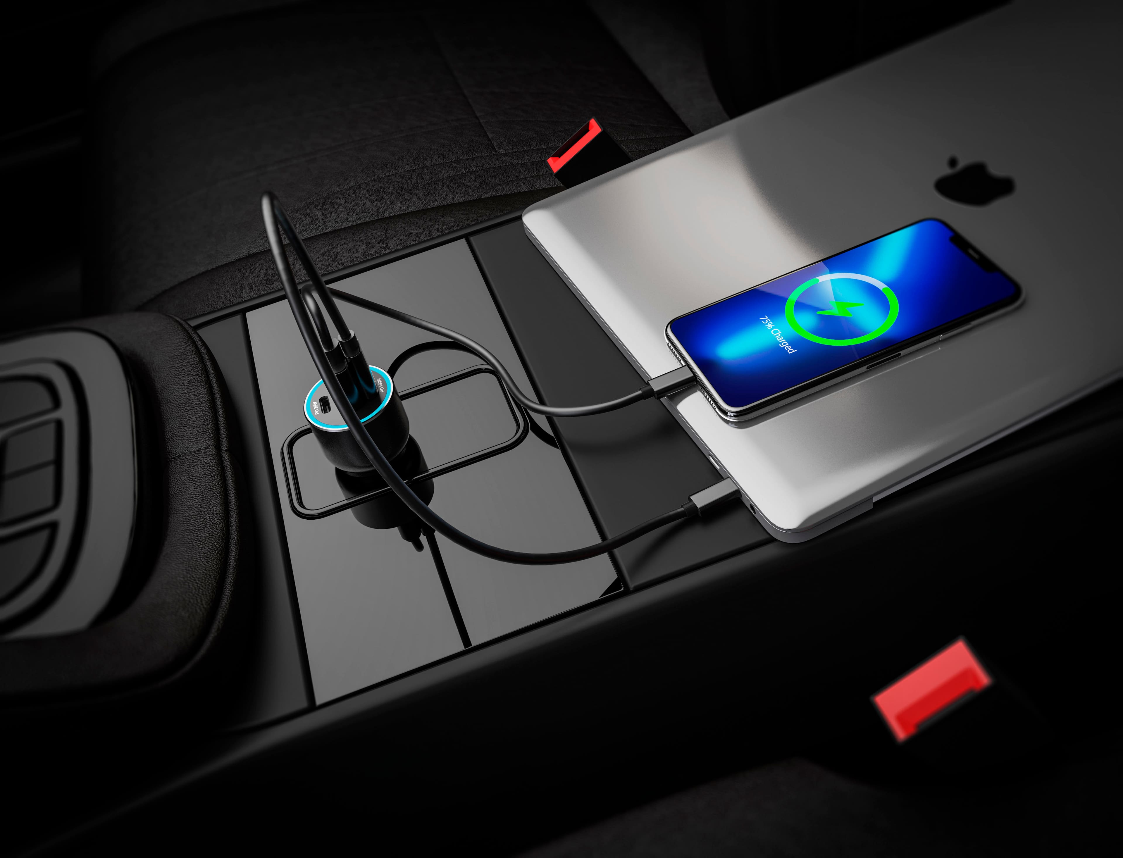 The text "756 pampnst" is not related to the image. The image shows a car with a laptop and a cell phone on a car seat.