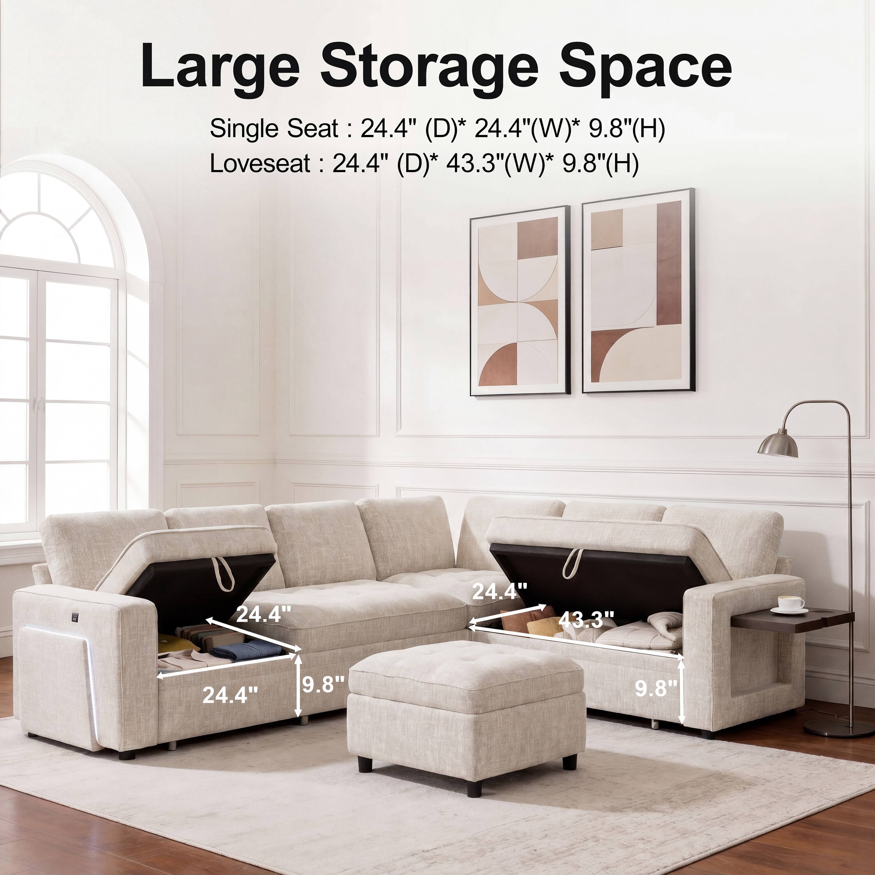 Large Storage Space

Single Seat: 24.4" (D) * 24.4" (W) * 9.8" (H)

Loveseat: 24.4" (D) * 43.3" (W) * 9.8" (H)