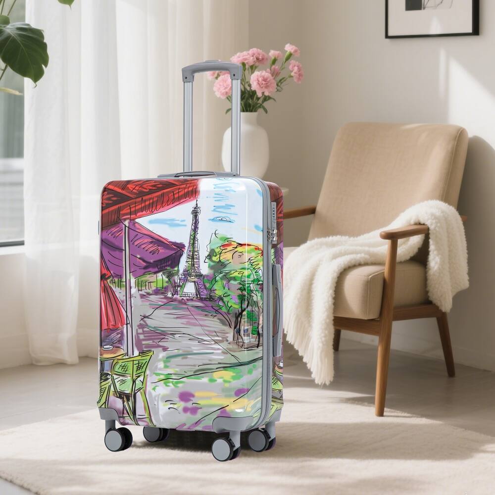 Alt View 7. Ropilly - Ropilly 3 Piece Luggage Set Iron Tower Printed Hard Shell Spinner Suitcase - Coffee.