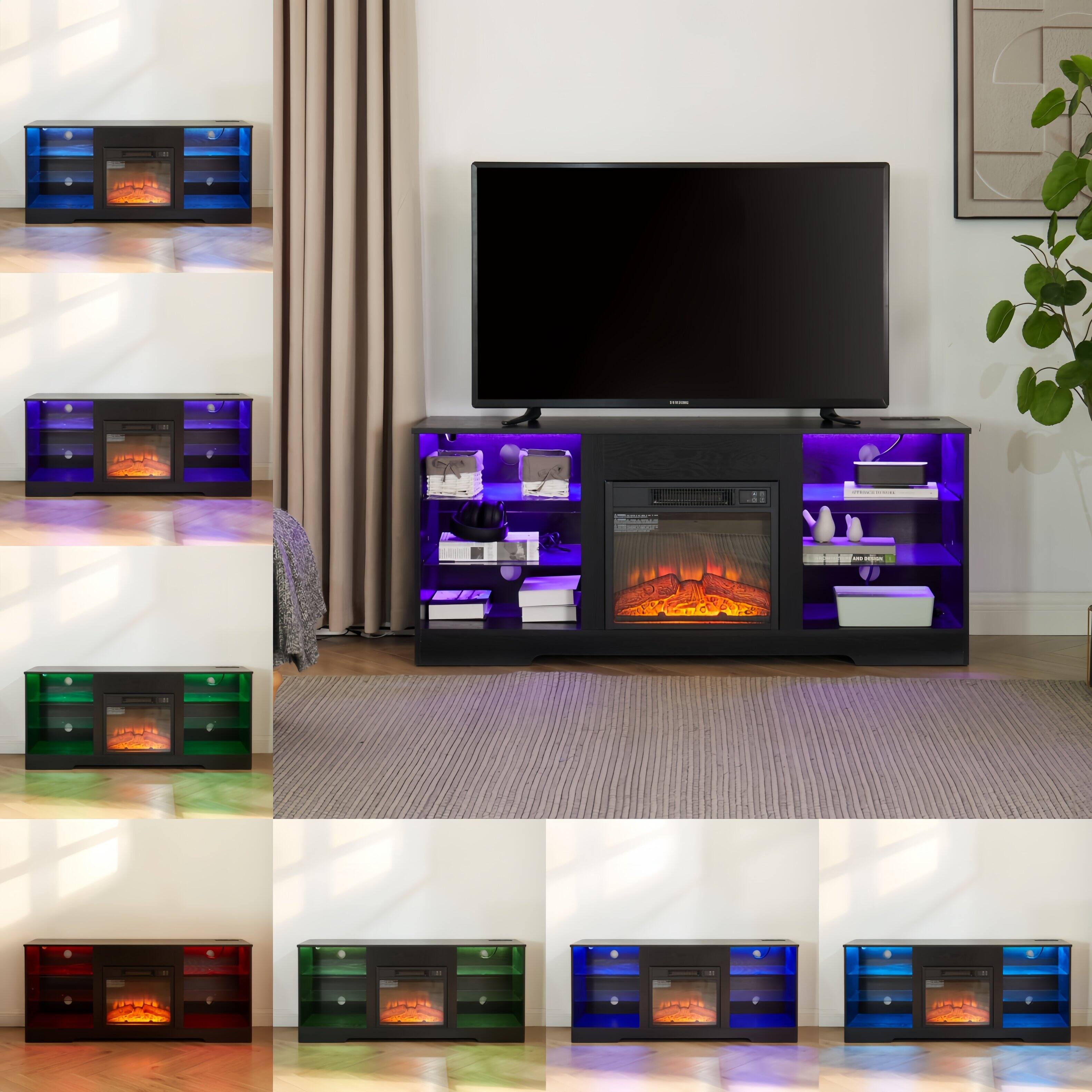 Back. Dexmalle - Dexmalle TV Stand Electric Fireplace TV Stand with Glass Shelves - Black.