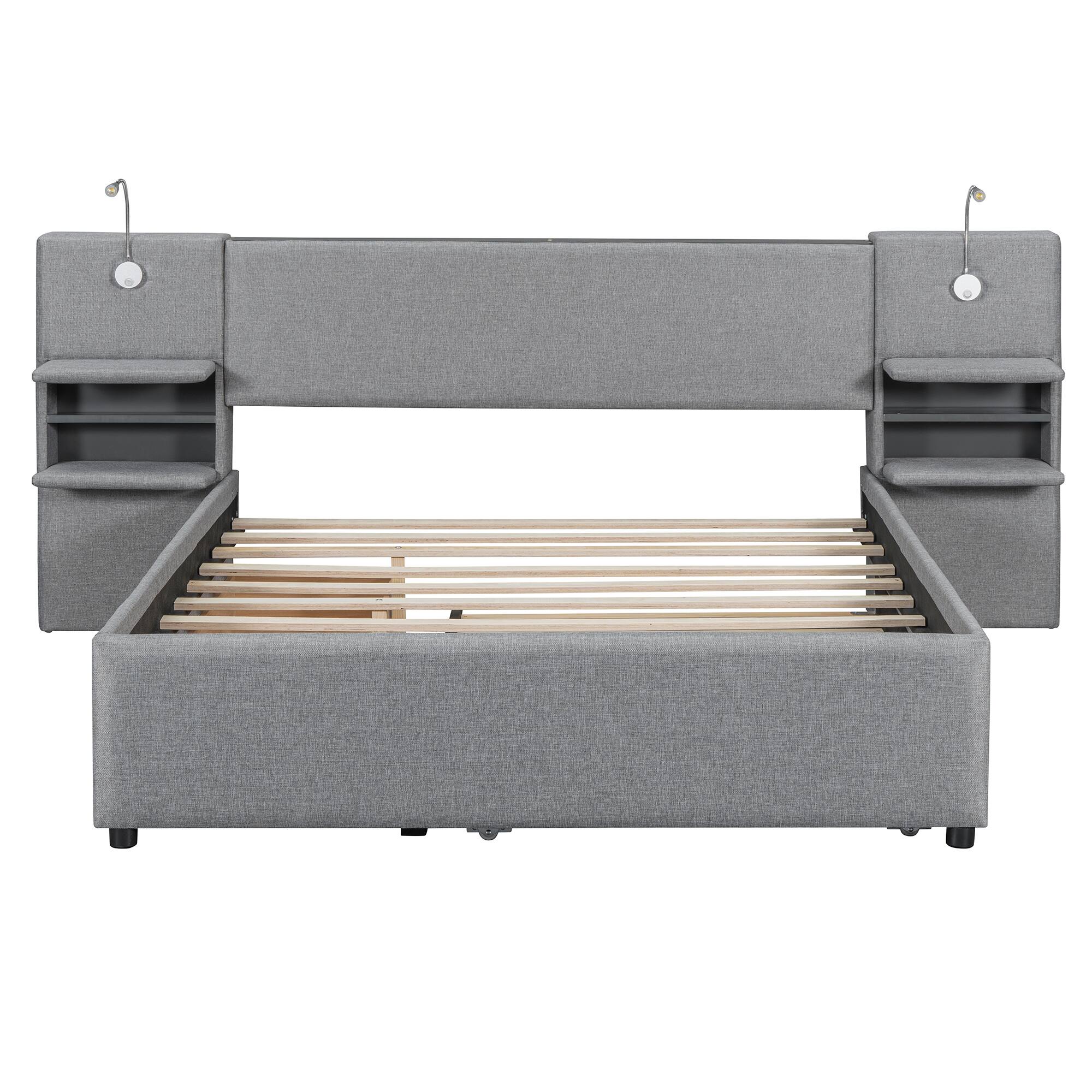 Alt View 1. Tiramisubest - Queen Size Upholstered Platform Bed with Reading Lights, Drawers, Trundle and Shelves, Gray - Gray.