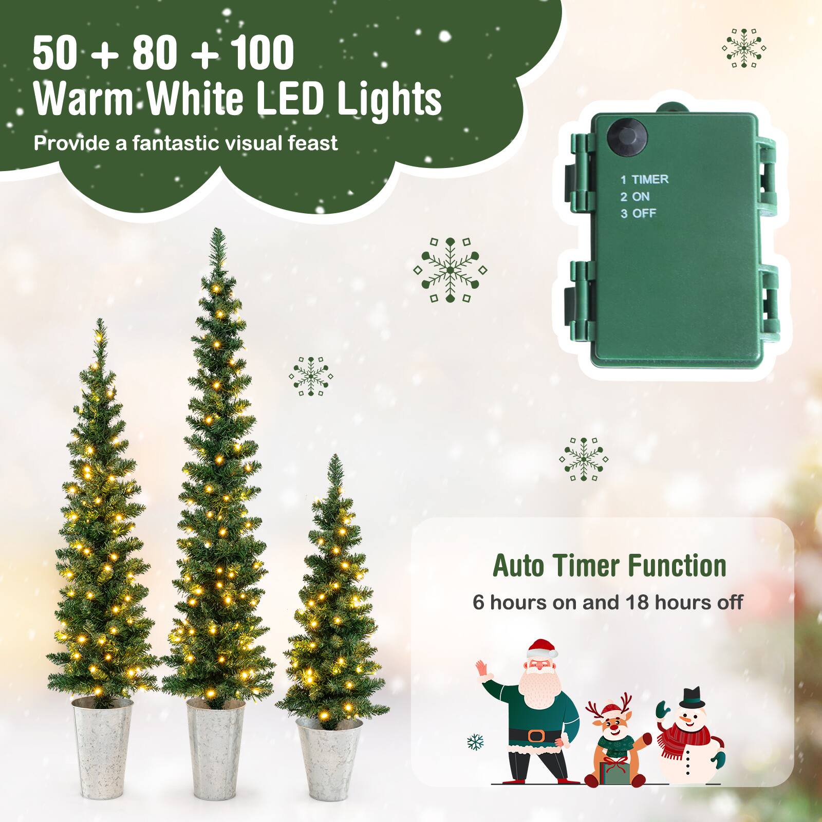 50 + 80 + 100 Warm White LED Lights Provide a fantastic visual feast

1 TIMER
2 ON
3 OFF

Auto Timer Function
6 hours on and 18 hours off