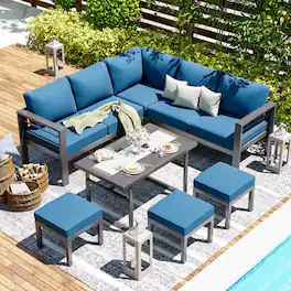 Mondawe - 7-Piece Aluminum Corner Seating Set with Adjustable Lift Table and Cushions - Blue+Black
