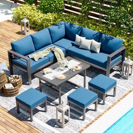 Front. Mondawe - 7-Piece Aluminum Corner Seating Set with Adjustable Lift Table and Cushions - Blue+Black.