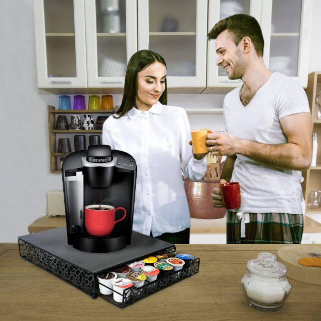 Left. Home It - 42 K-Cup Coffee Pod Holder – Pre-Assembled Metal Storage Drawer, Durable Black Design for Kitchen & Office - Black.