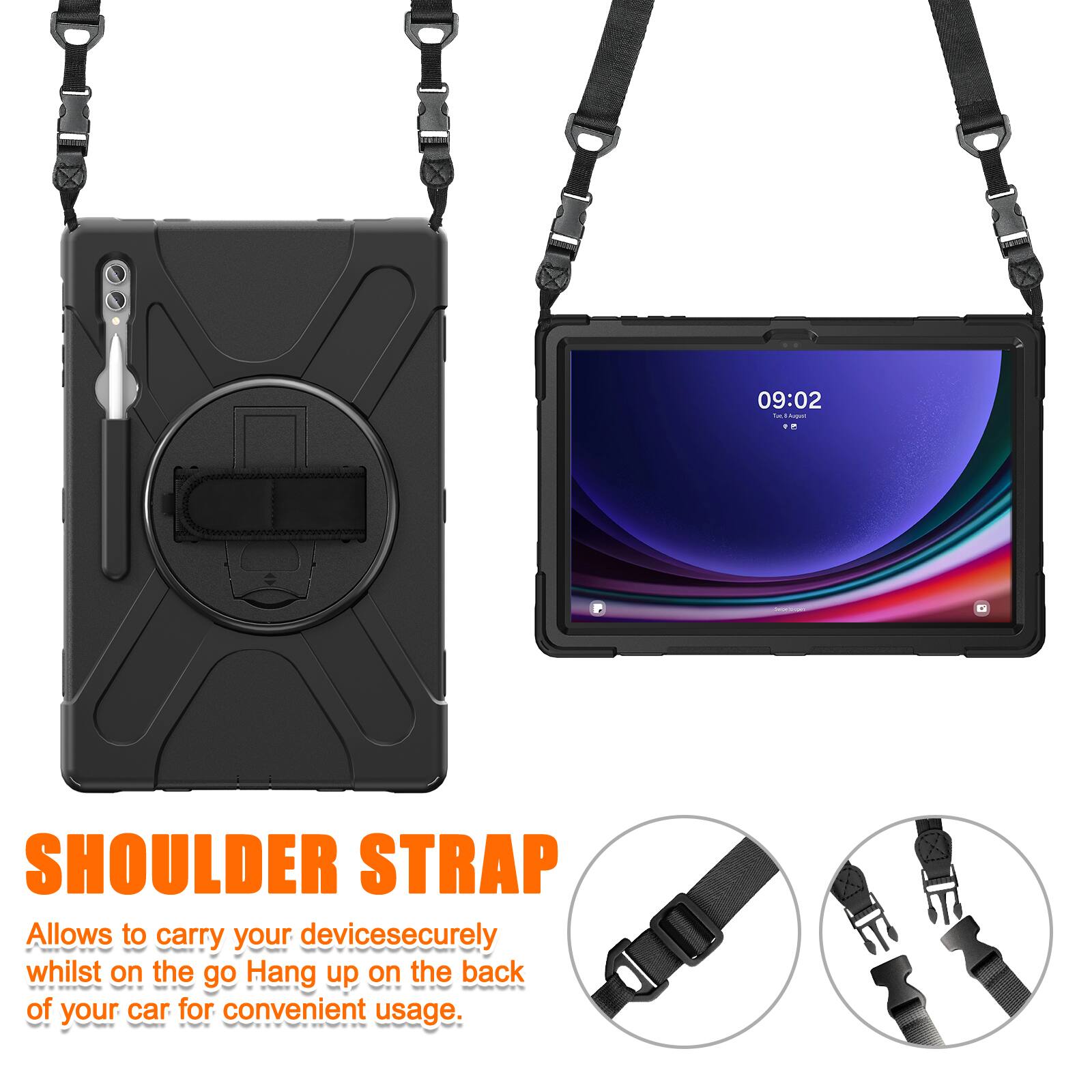 09:02 - SHOULDER STRAP

Allows to carry your devices securely whilst on the go. Hang up on the back of your car for convenient usage.