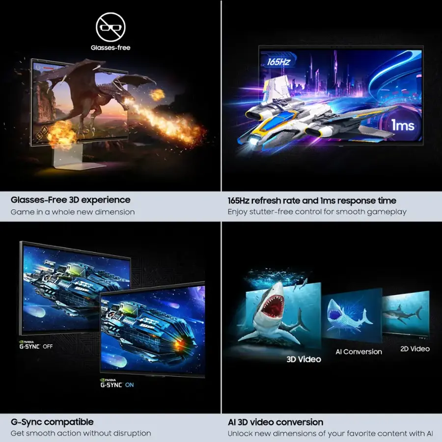 The text on the image is grouped and corrected as follows:

1. Glasses-free 165Hz 1ms Glasses-Free 3D experience Game in a whole new dimension 165Hz refresh rate and Ims response time Enjoy stutter-free control for smooth gameplay -e IVIDLA G-SYNC OFF 3D Video Al Conversion 2D Video RVEA G-SYNC ON G-Sync compatible Get smooth action without disruption Al 3D video conversion Unlock new dimensions of your favorite content with AI

This text describes the features of a 3D gaming experience, including a glasses-free 3D display, a high refresh rate, and a fast response time. The text also mentions the use of G-Sync technology for smooth gameplay and the ability to convert 2D video to 3D video. Additionally, the text highlights the potential for AI to enhance the gaming experience by unlocking new dimensions of favorite content.