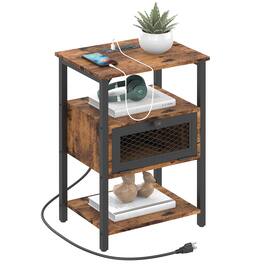 Oumilen - 3-Tier End Table with Charging Station and Flip Door Cabinet - Brown
