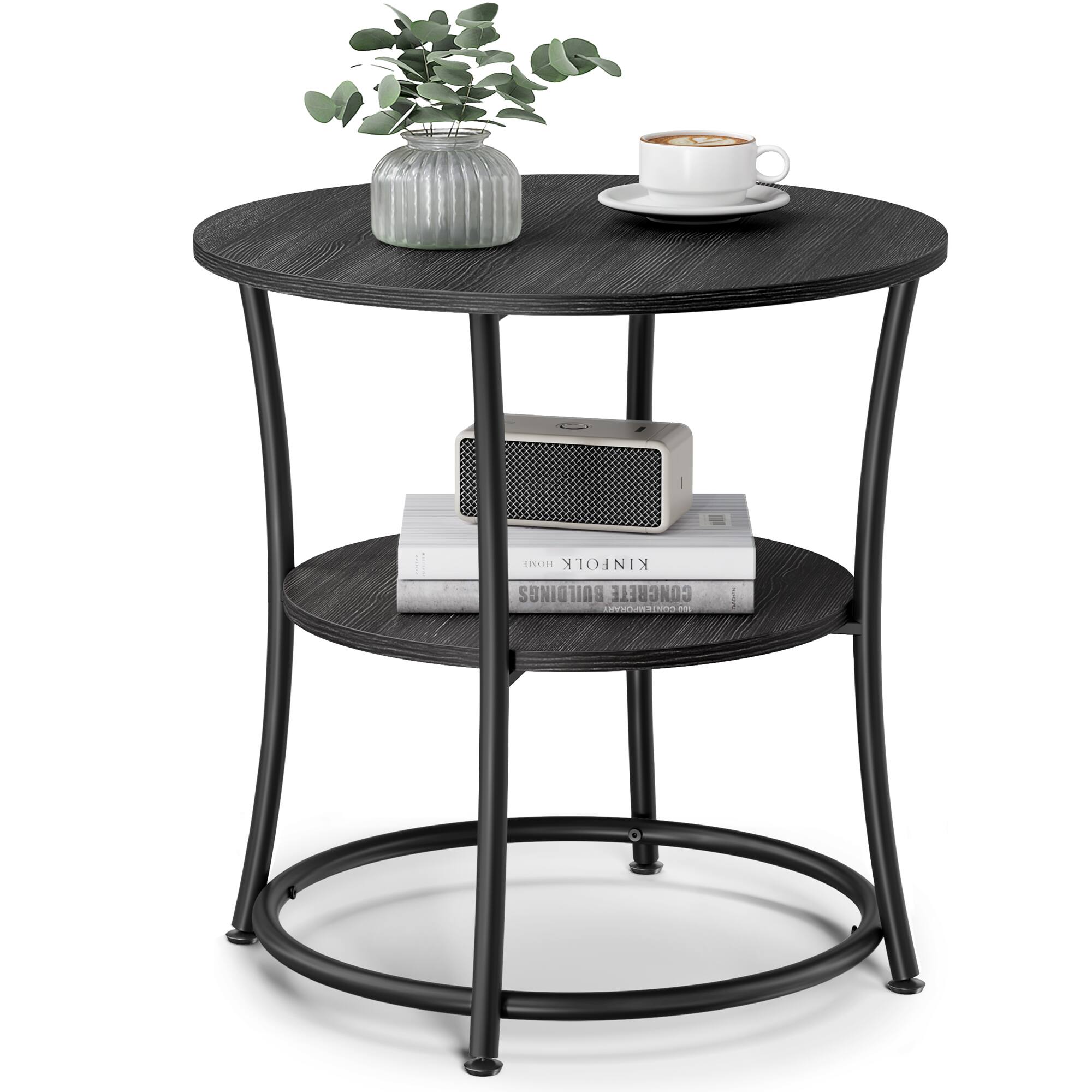 Songmics Home - Side Table,End Table with 2 Shelves,Small Round Table for Living Room, Bedroom,Easy Assembly,Steel Frame, Industrial - Charcoal Gray and Ink Black